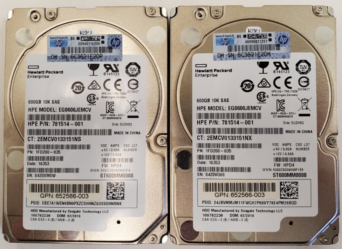 Lot of 2 HPE EG0600JEMCV 600GB SAS 2.5" 10K SERVER ONLY Hard Drives - Grade A