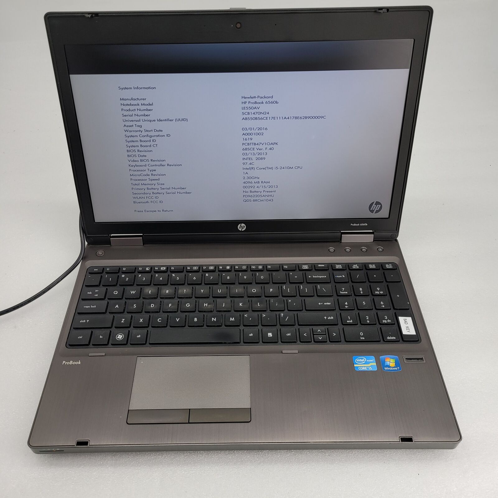 HP ProBook 6560b Core i5-2410M 2.3GHz 4GB RAM No HDD 15.6\