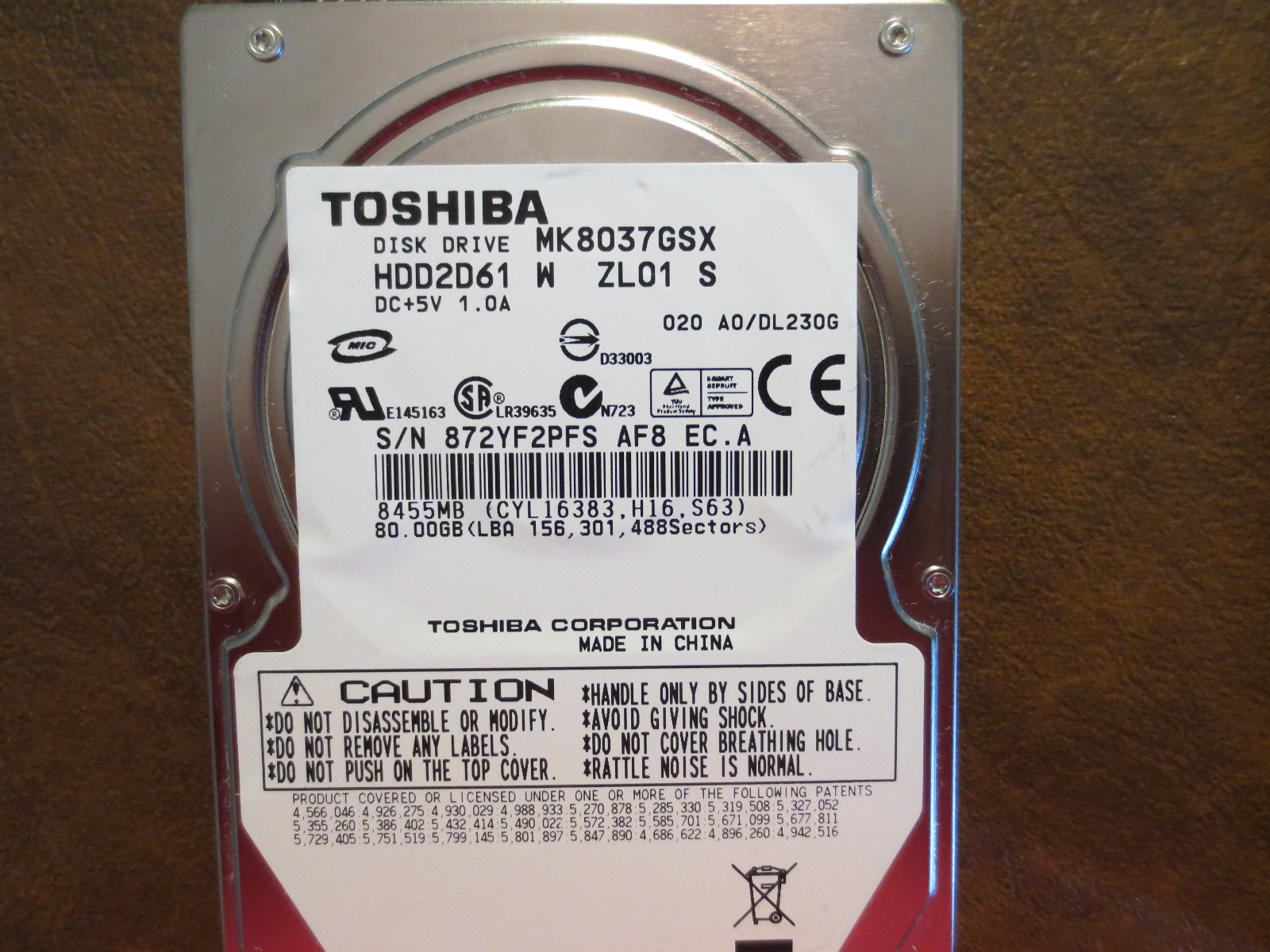 Toshiba MK8037GSX (HDD2D61 W ZL01 S) 020 A0/DL230G 80gb 2.5" Sata HDD  