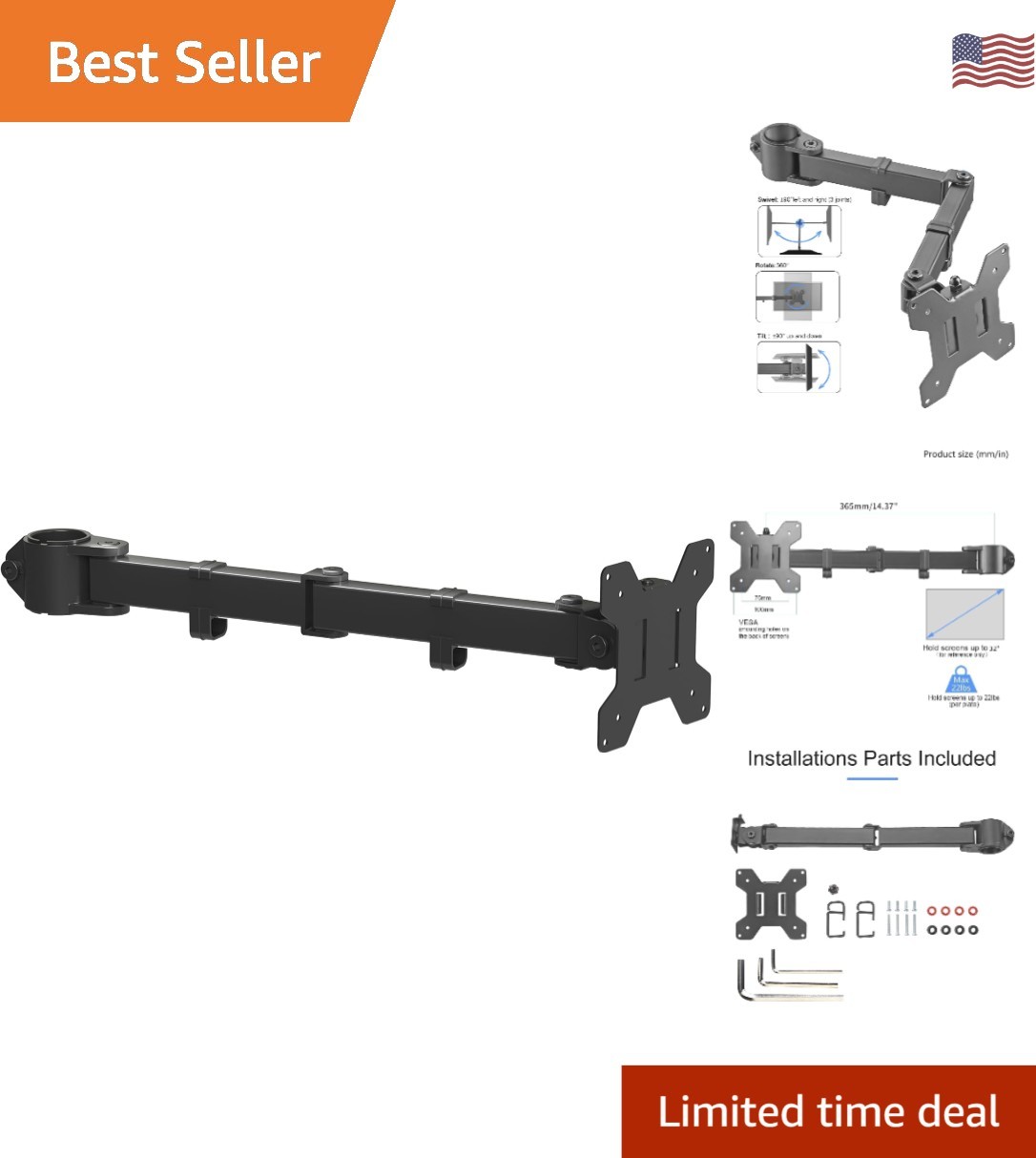 Sleek Black Monitor Arm for Enhanced Workspace – Supports 22lbs, VESA Compatible