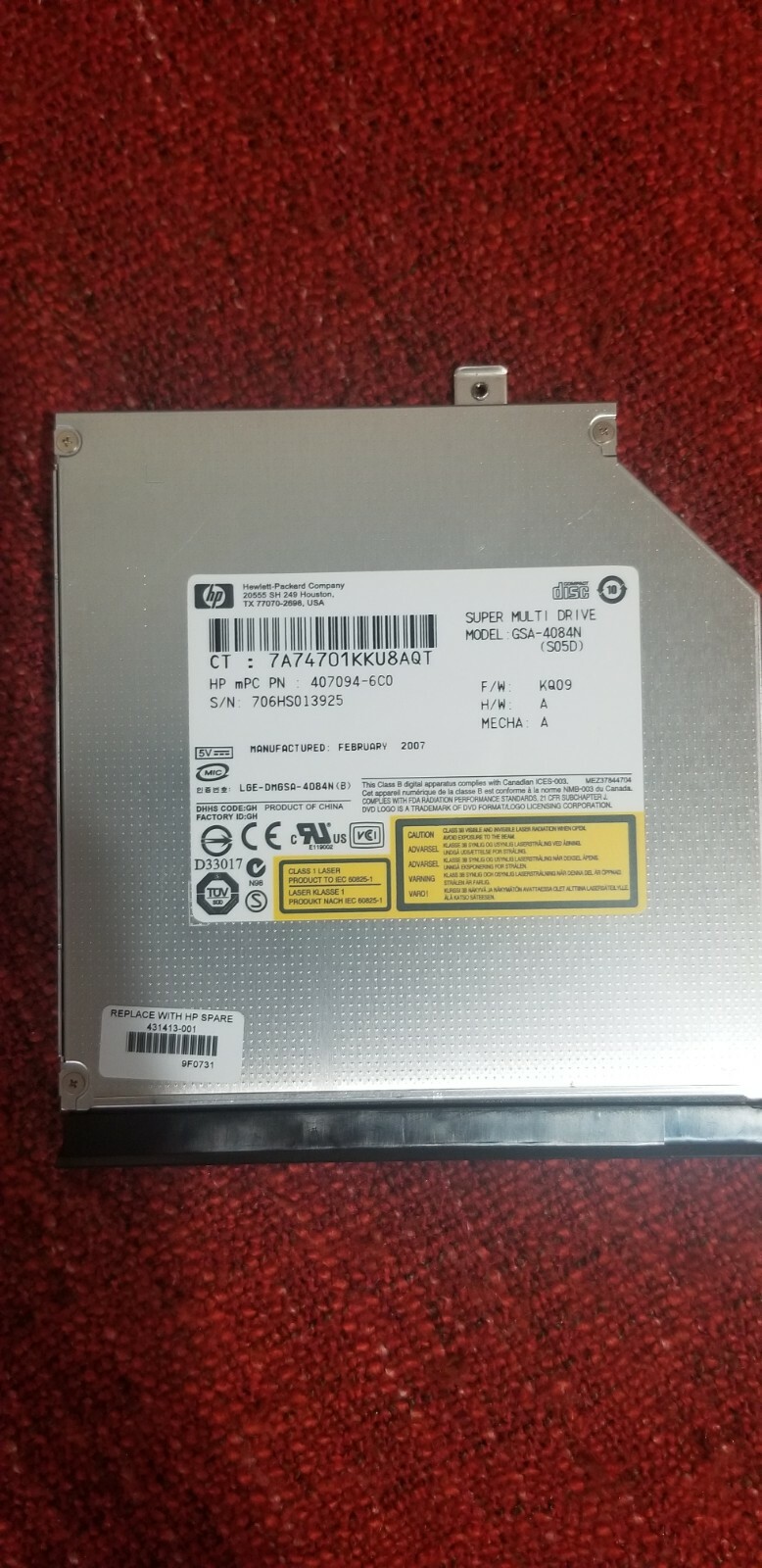 GSA-4084N Super DVD+/-RW LightScribe HP dv2000 dv6000 dv9000 Drive 431410-001