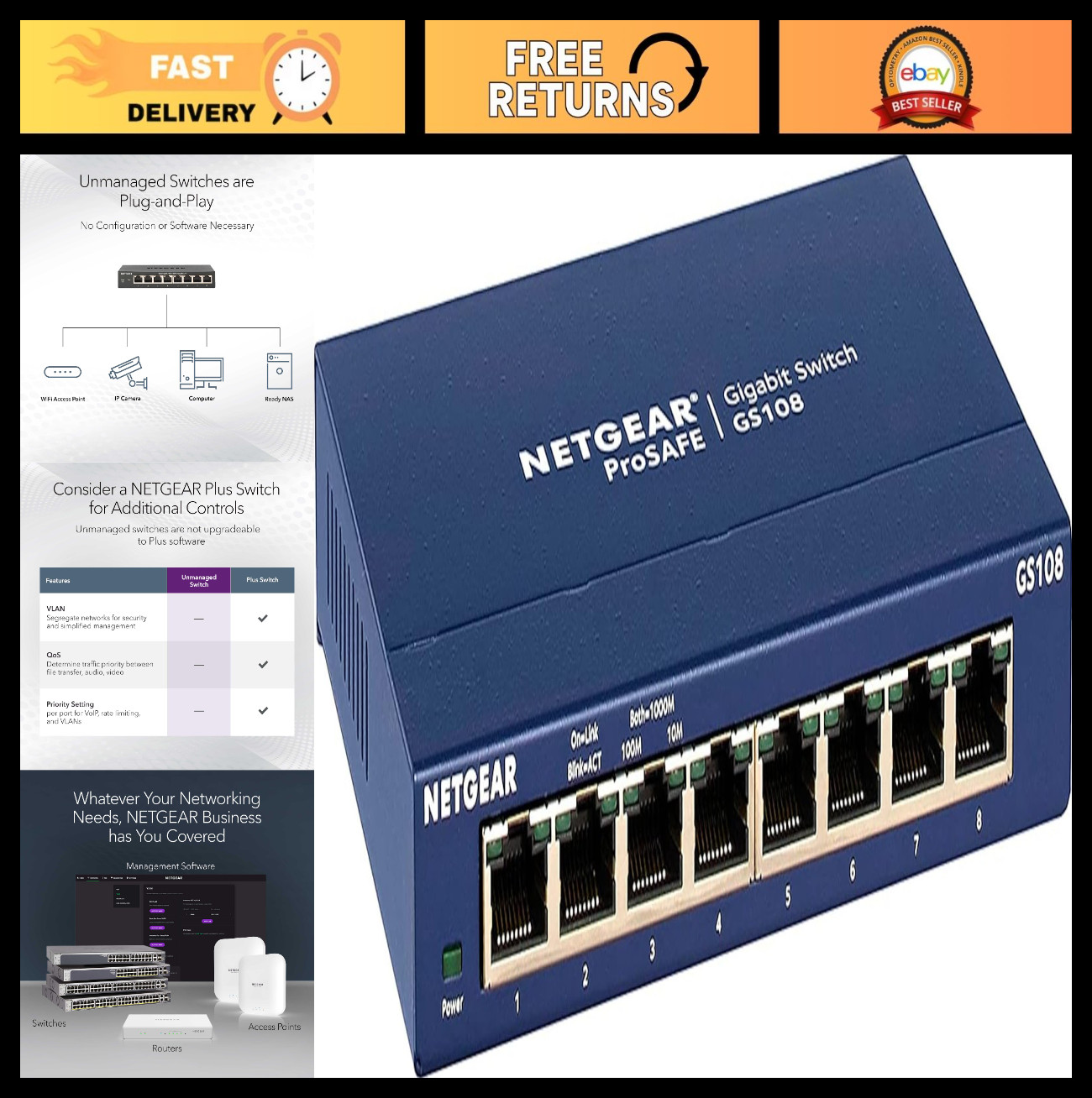 8-Port Gigabit Ethernet Unmanaged Network Switch, High-Speed Network Hub, Plug &