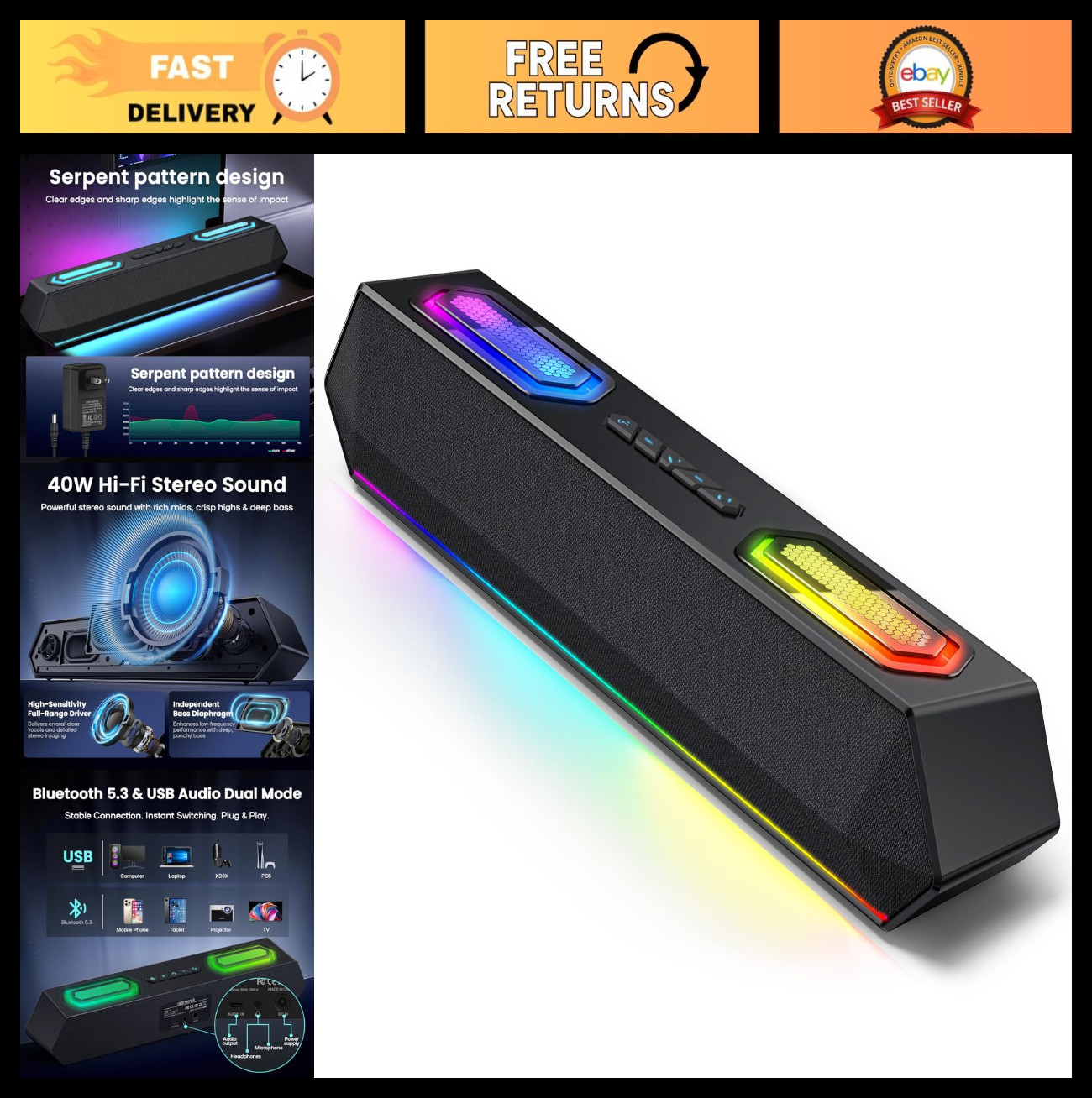 40W Bluetooth PC Speakers, HiFi Stereo Soundbar with RGB Lighting & USB Audio fo
