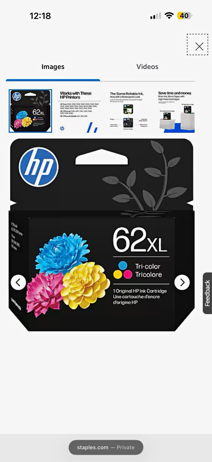 HP 62XL Tri-Color Genuine/Original Inkjet Ink Cartridge, For HP Printers