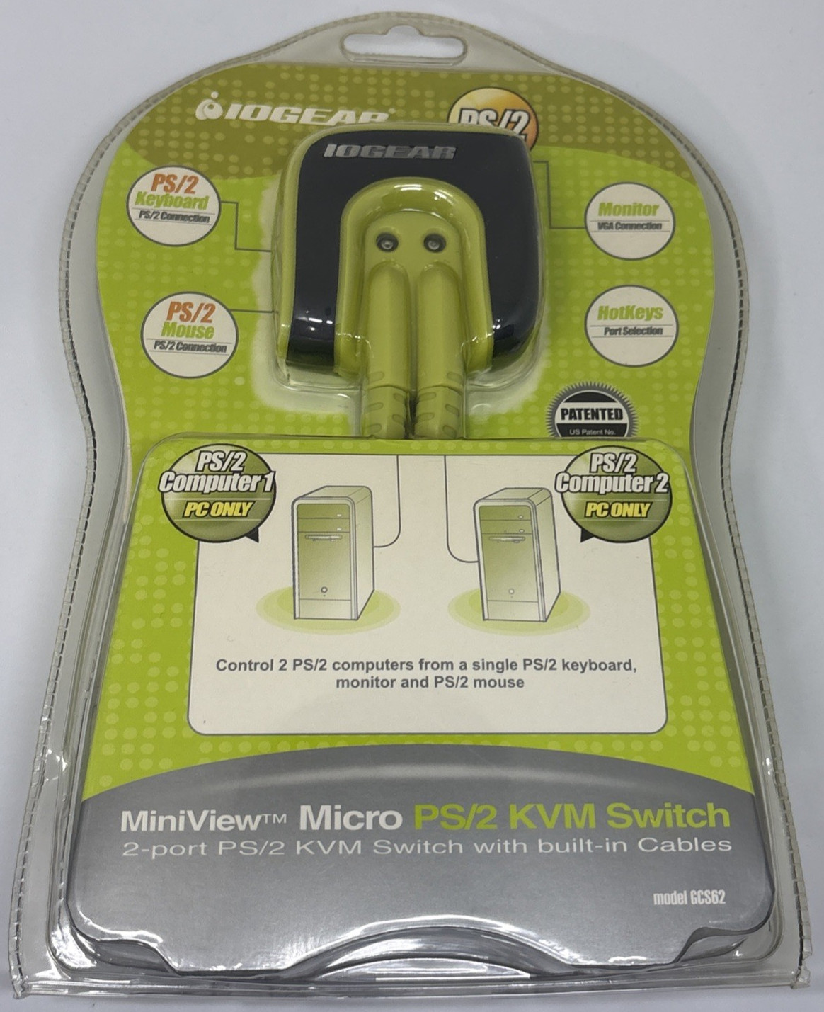 IOGEAR GCS62 MiniView Micro 2-Port PS/2 VGA KVM Switch Built-In Cables NEW