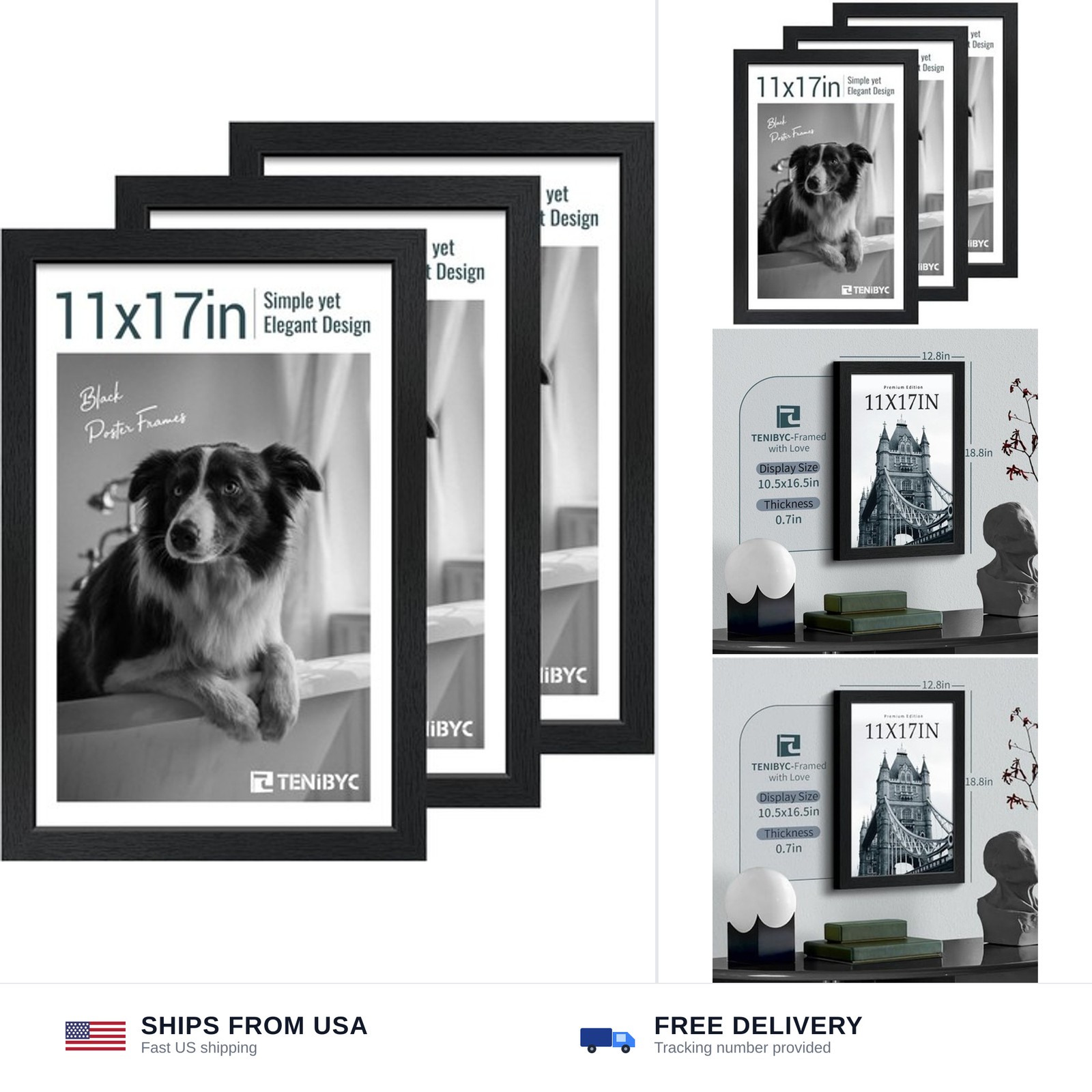 11x17 Picture Frame 3 Pack - Black Woodgrain Poster Frame, Solid Wood & HD Te...