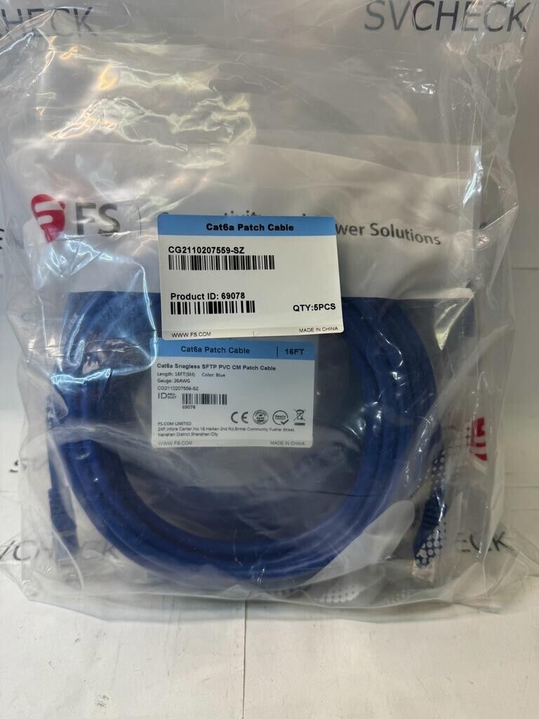 LOT of 5 FS Cat6a Snagless SFTP PVC CM Patch Cable 16ft (5m) 26 AWG Blue