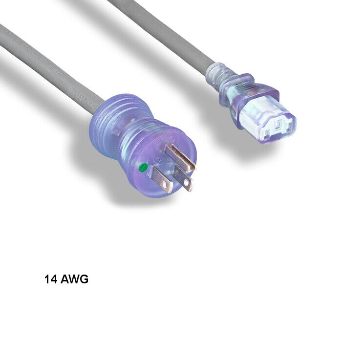 KNTK 15'FT 14 AWG Hospital Grade Power Cable NEMA 5-15P to C13 15A/125V Clr