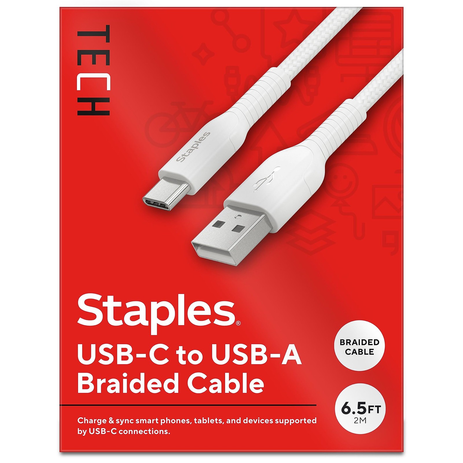 Staples TECH USB‑A to USB‑C Charging Cable – 6.5 ft., Fast White