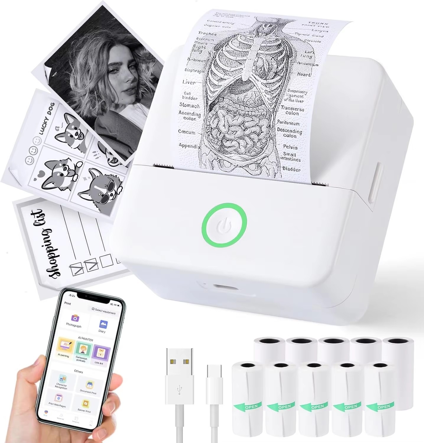 Portable Thermal Mini Printer with Bluetooth 5.0, 3.3"x1.8" / 8.3x4.5cm Inkless