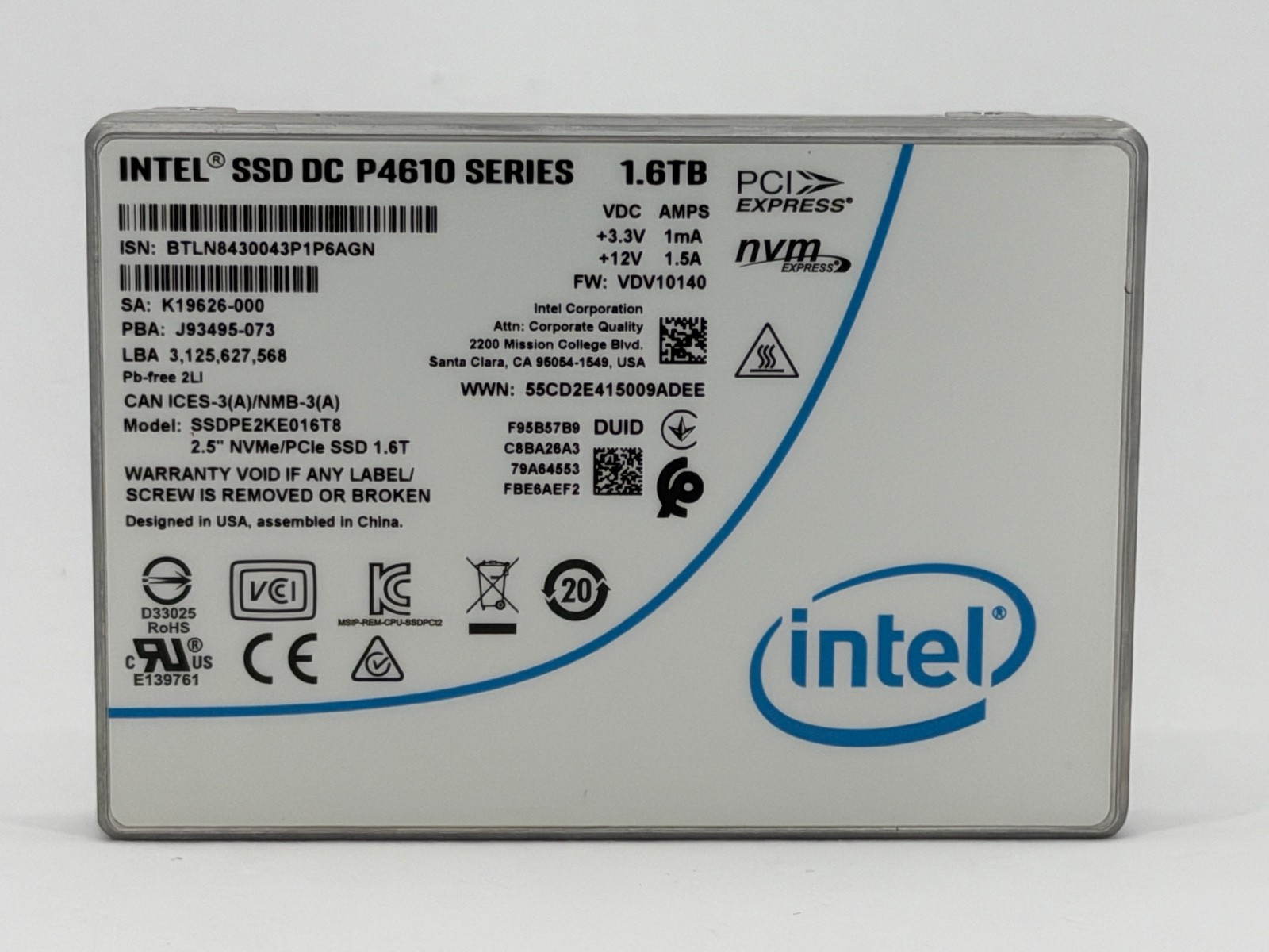 Intel DC P4610 1.6TB U.2 NVMe SSD - Preowned and Tested