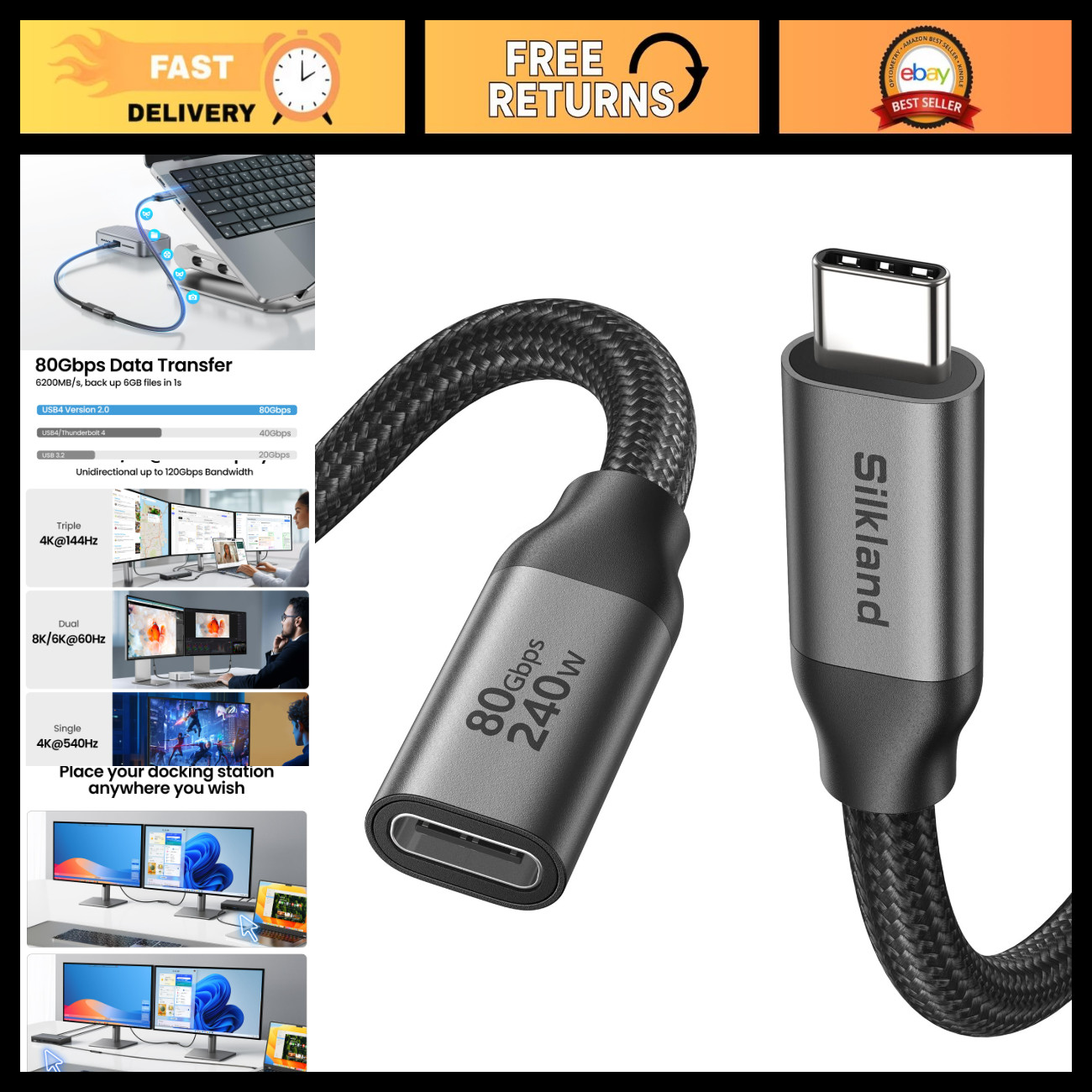 80Gbps USB4 USB C Extension Cable 240W for Thunderbolt 5/4 - 3.3FT Length