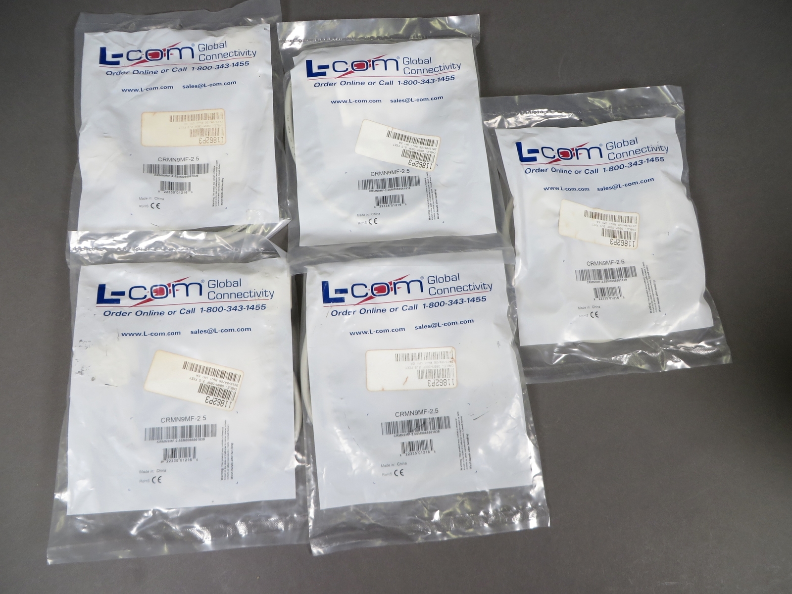 L-Com 2.5' DB9 Male to DB9 Female Cable CRMN9MF-2.5 (Lot of 5)