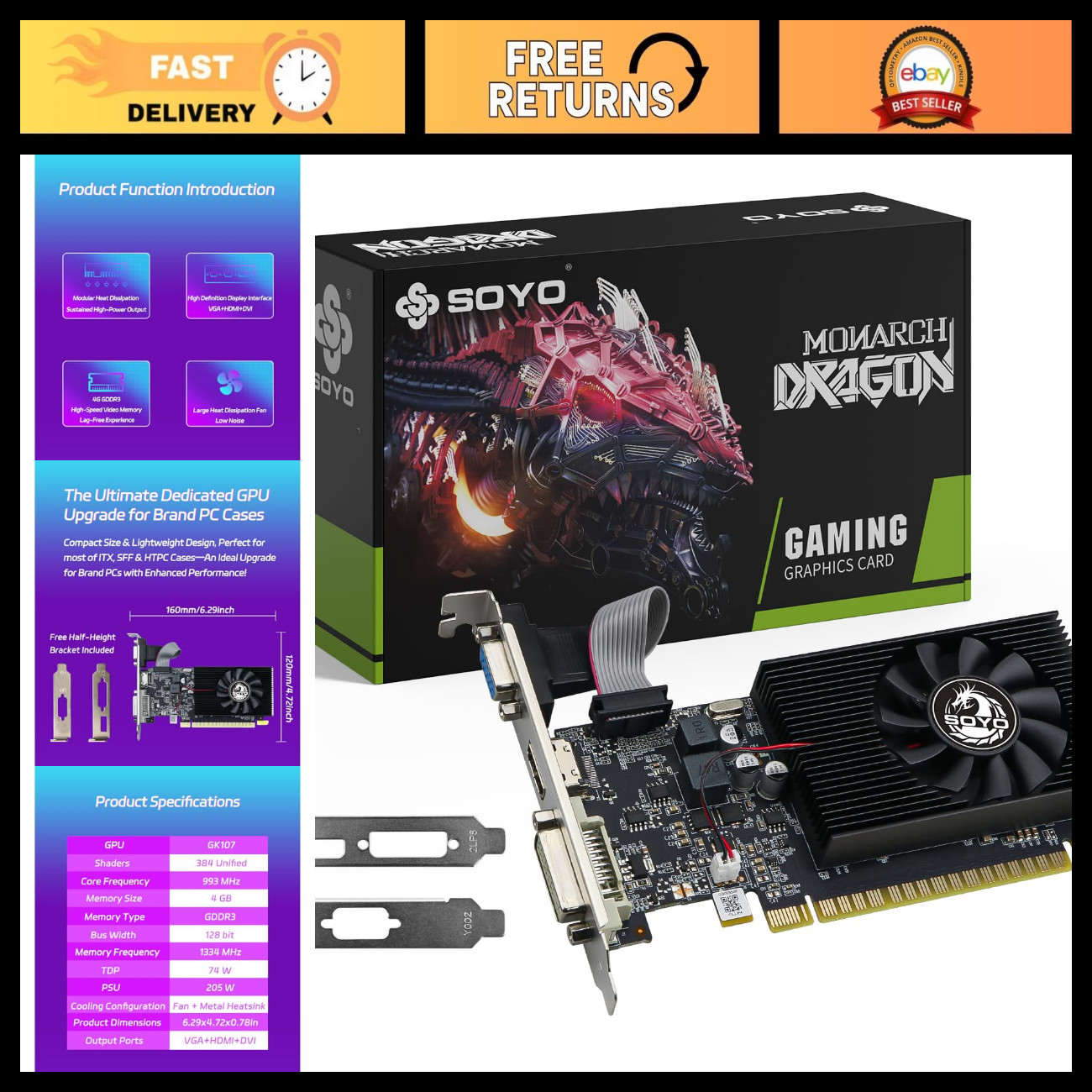 4GB DDR3 Low Profile Graphics Card, 128-Bit, HDMI/VGA/DVI-D, Triple Output, Slim