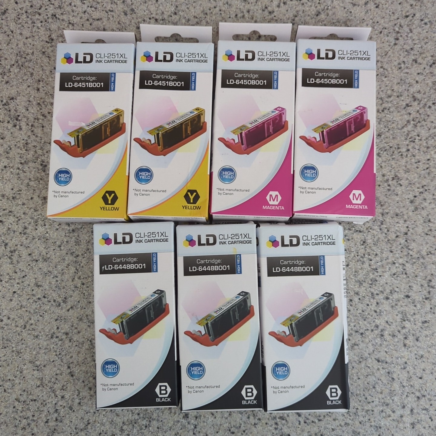 Lot Of 7 LD Canon CLI 251XL Ink Cartridges Black (3), Magenta (2), & Yellow (2)