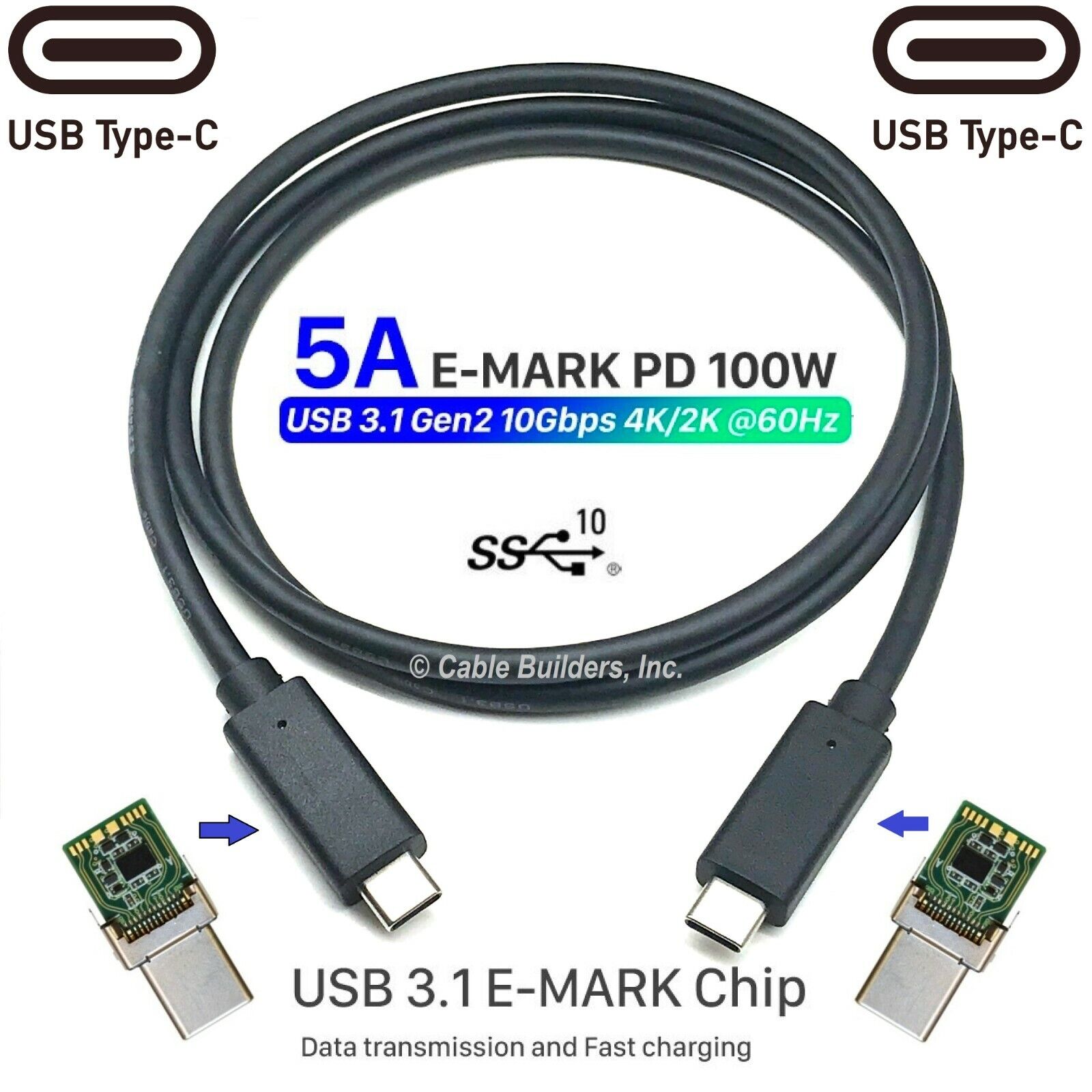 USB-C to USB-C Cable 3.1 Gen 2 100W 20V 5A Charging 10Gbps Data E-Mark Chipset