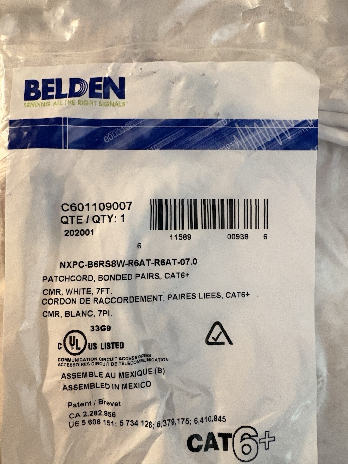 NEW Belden 7FT CAT 6+ Bonded Pair Patchcord 16 White 1 Blue SEALED C601109007