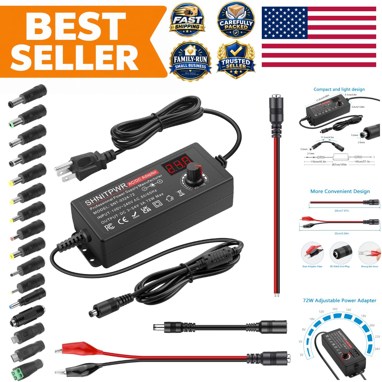 Smart 72W Adjustable AC/DC Adapter DC 3.5-24V with Safety Features & Long Cable