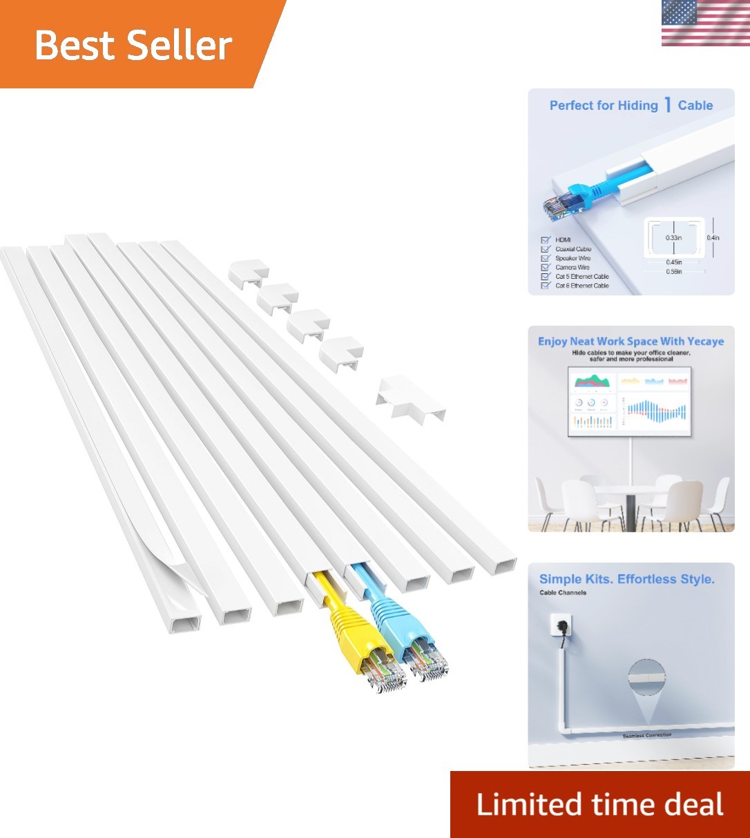 113in White Cable Management Kit - Indoor & Outdoor Cord Hiders for Tidy Spaces