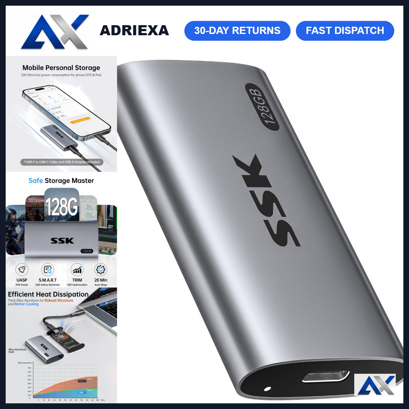 128GB Portable SSD External Hard Drive - Fast 550MB/s Solid State Storage