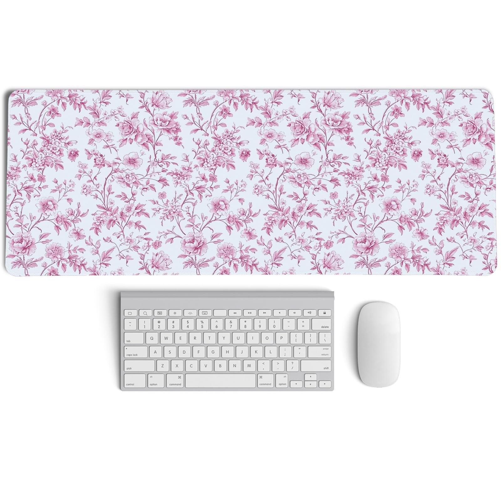 Pink Chinoiserie Mouse Pad,Vintage Pink and White Floral Desk Mat,XL Large Vi...
