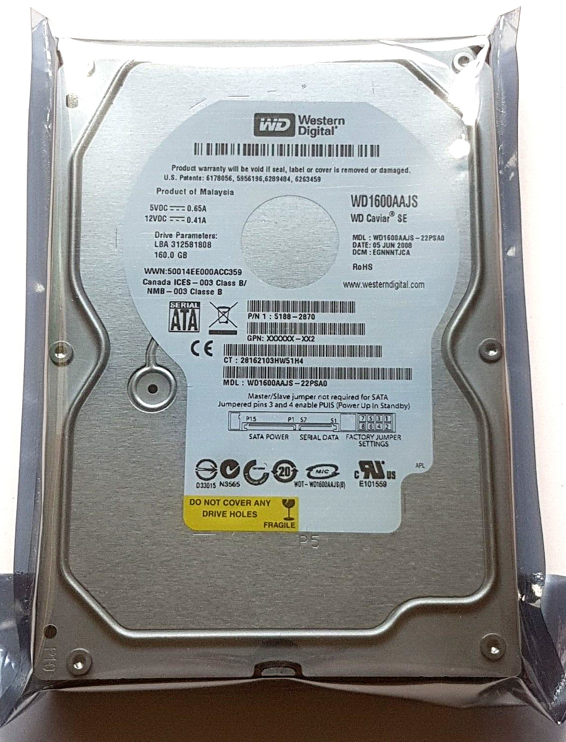 160GB SATA Western Digital WD1600AAJS-22PSA0 7200rpm 8MB 3.5" Hard Drive New