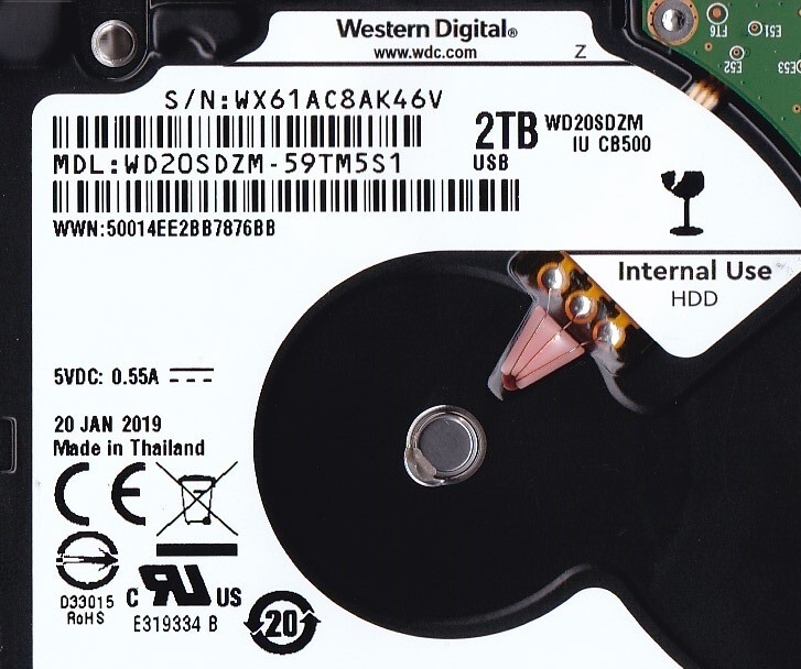 WD20SDZM-59TM5S1 s/n: WX61AC Thailand JAN / 2019 2TB 2.5" USB-C WESTERN DIGITAL
