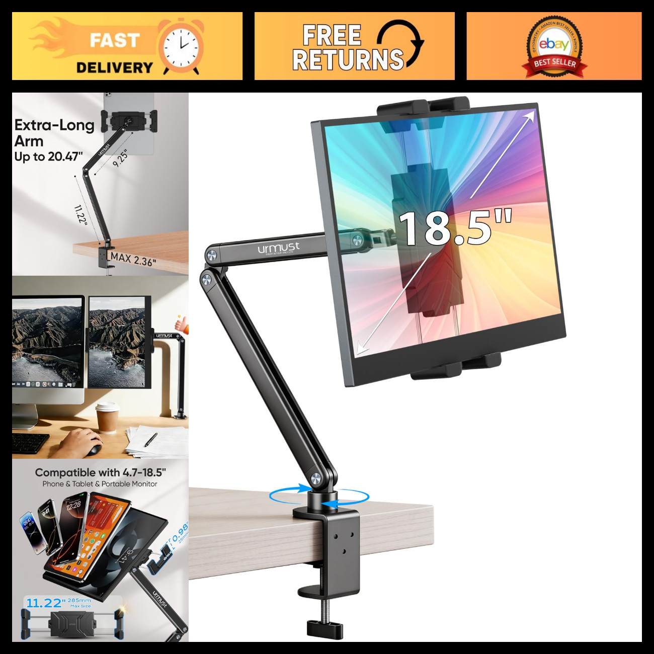 Adjustable Portable Monitor Stand - 15.6" Dual Arm iPad Desk Mount, Ergonomic De