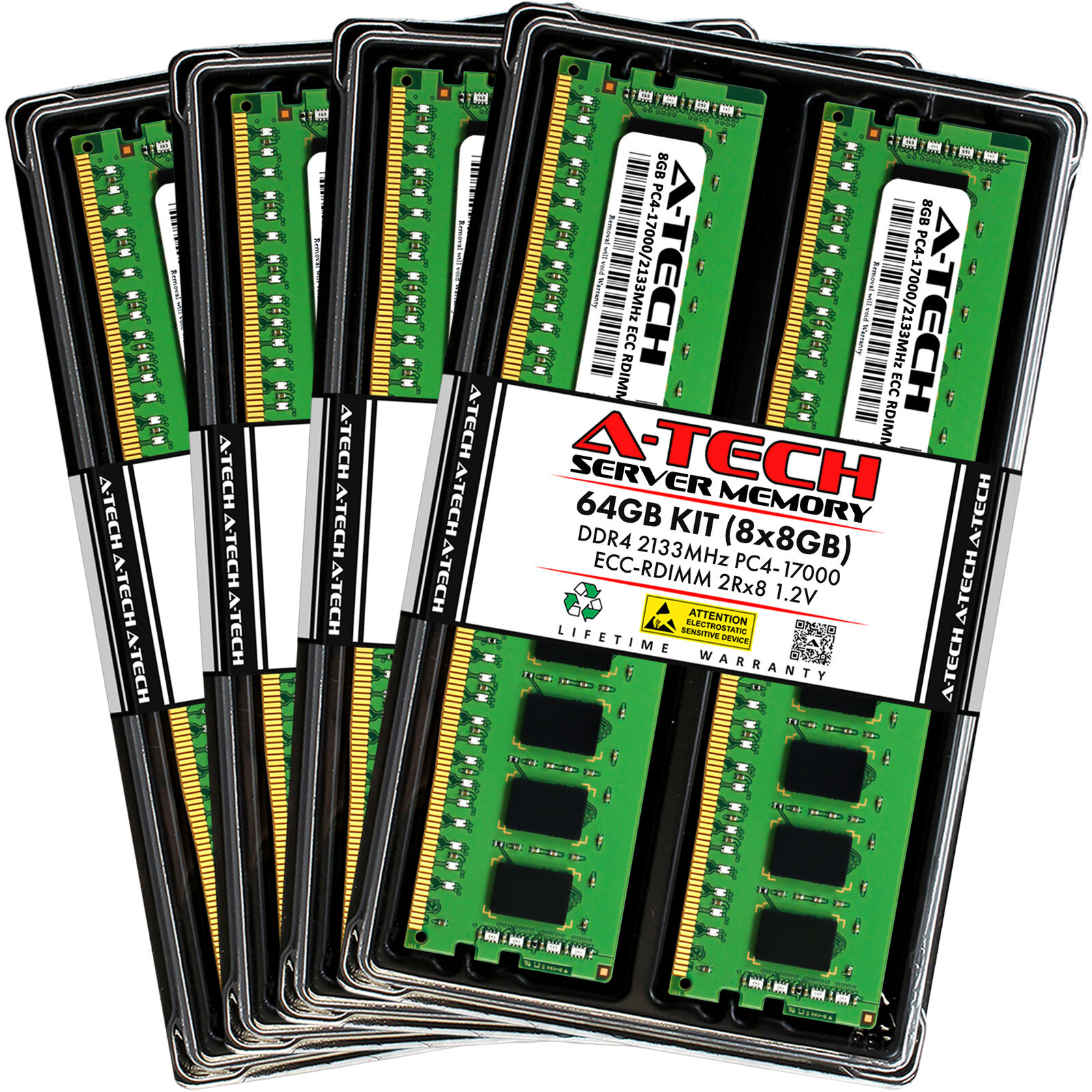 A-Tech 64GB 8x 8GB 2Rx8 PC4-17000R DDR4 2133 MHz ECC REG RDIMM Server Memory RAM