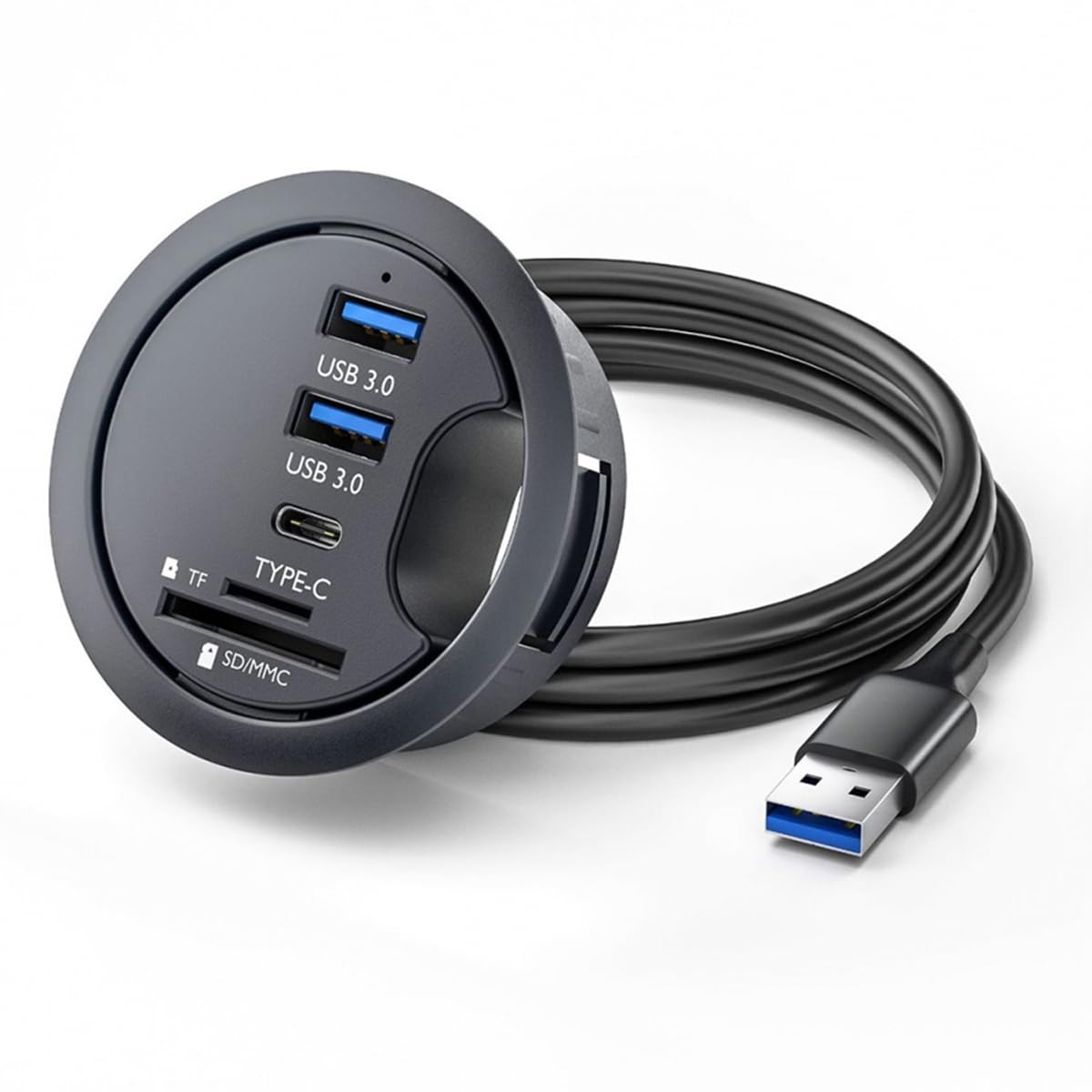 CY USB 3.0 Hub SD TF USB-C 2 Port 60mm Desk Grommet Splitter Dock Black