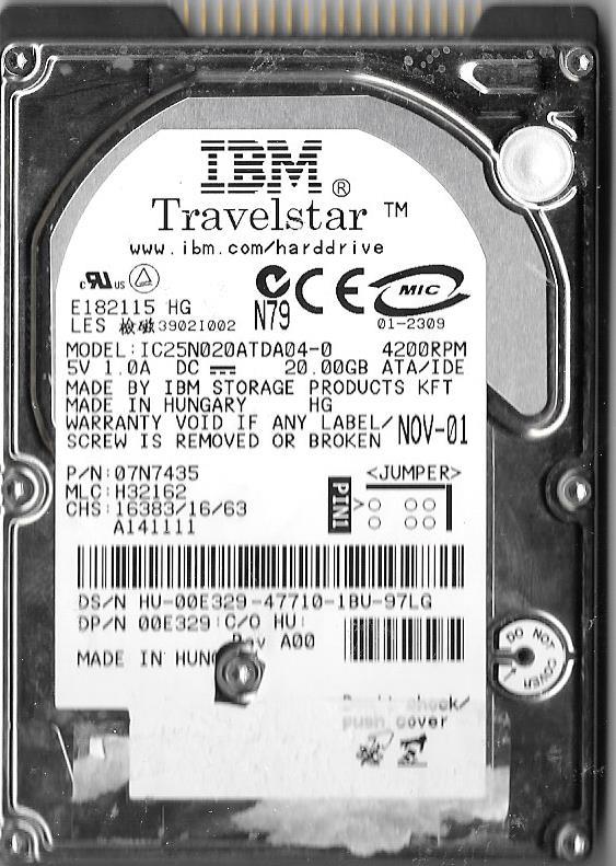 IBM TRAVELSTAR IC25N020ATDA04-0 20GB IDE HARD DRIVE  P/N: 07N7435  MLC: H32162