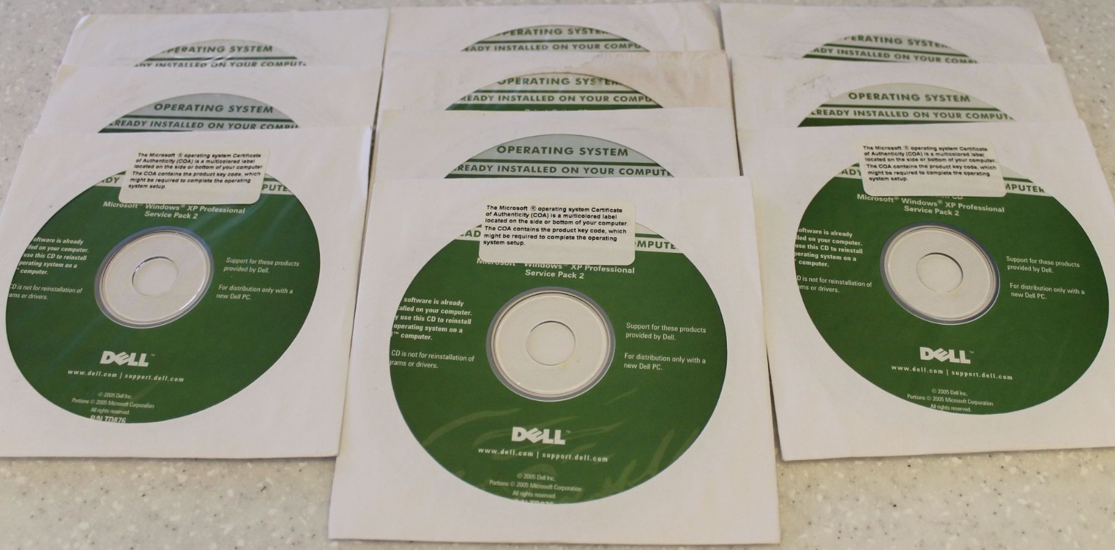 New Sealed Lot of 10 Dell Windows XP Professional W/sp2 Restore CD Disks