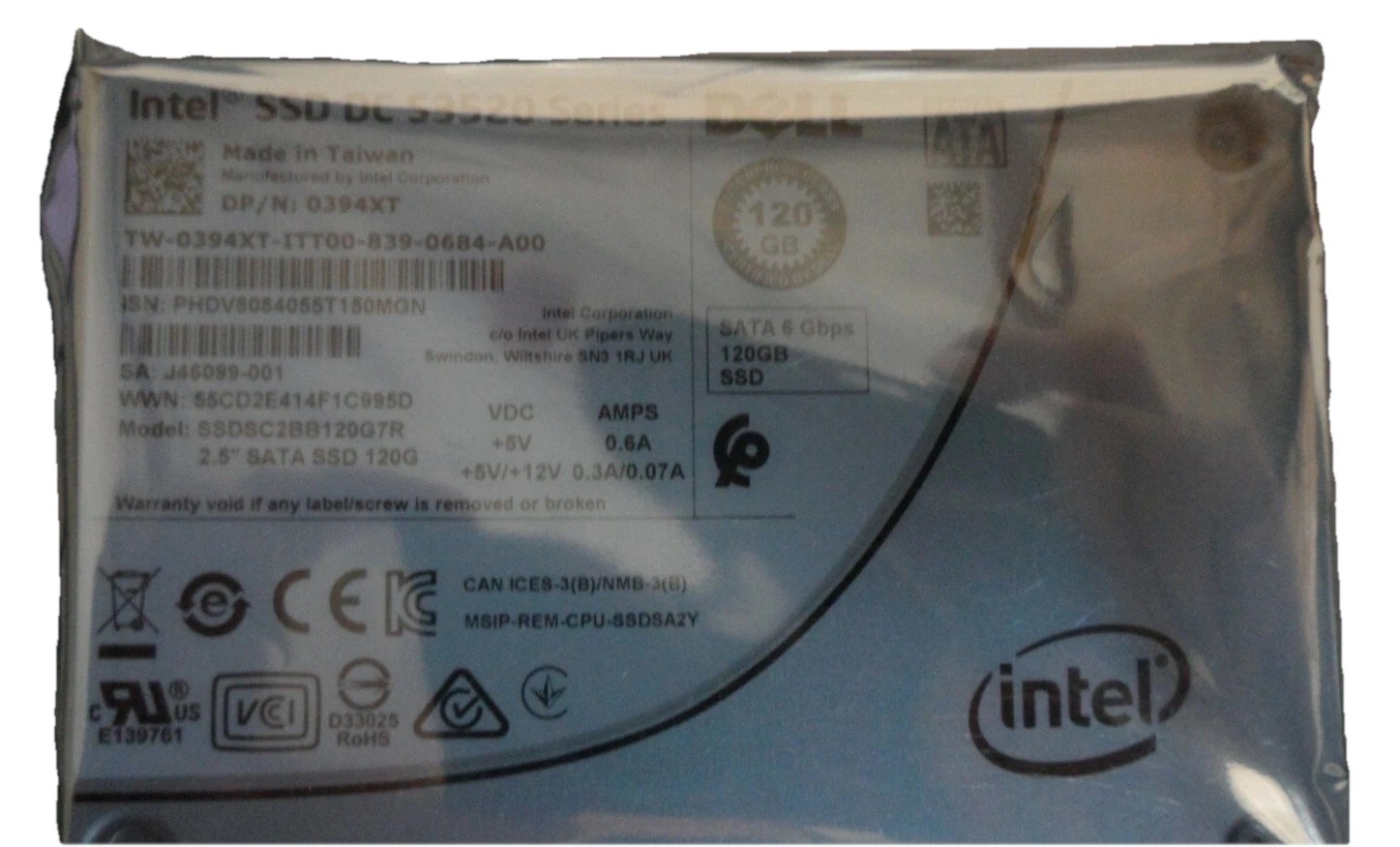 394XT 0394XT SSDSC2BB120G7R DELL 120GB 6G SFF 2.5'' SATA SSD SOLID STATE DRIVE
