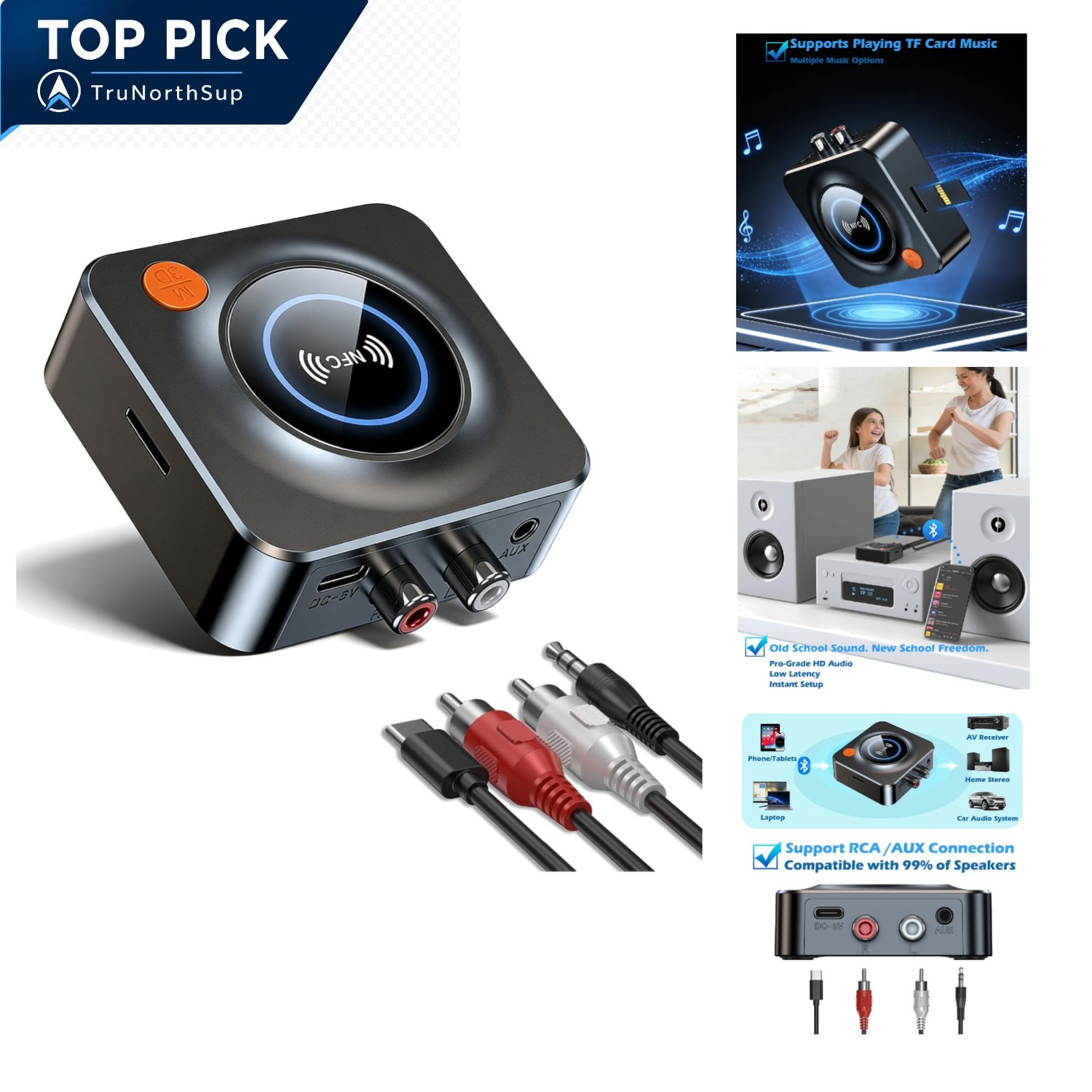Bluetooth Receiver for Home Stereo RCA Aux Adapter Supports TF Card Black