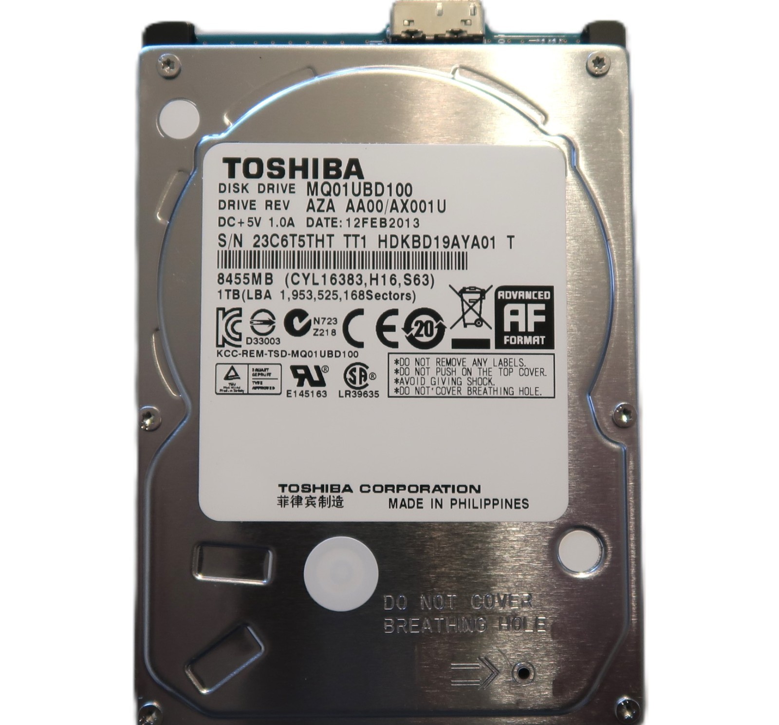 Toshiba HDKBD19AYA01 T MQ01UBD100 (23C) AZA AA00/AX001U 1TB USB HDD FEB/2013