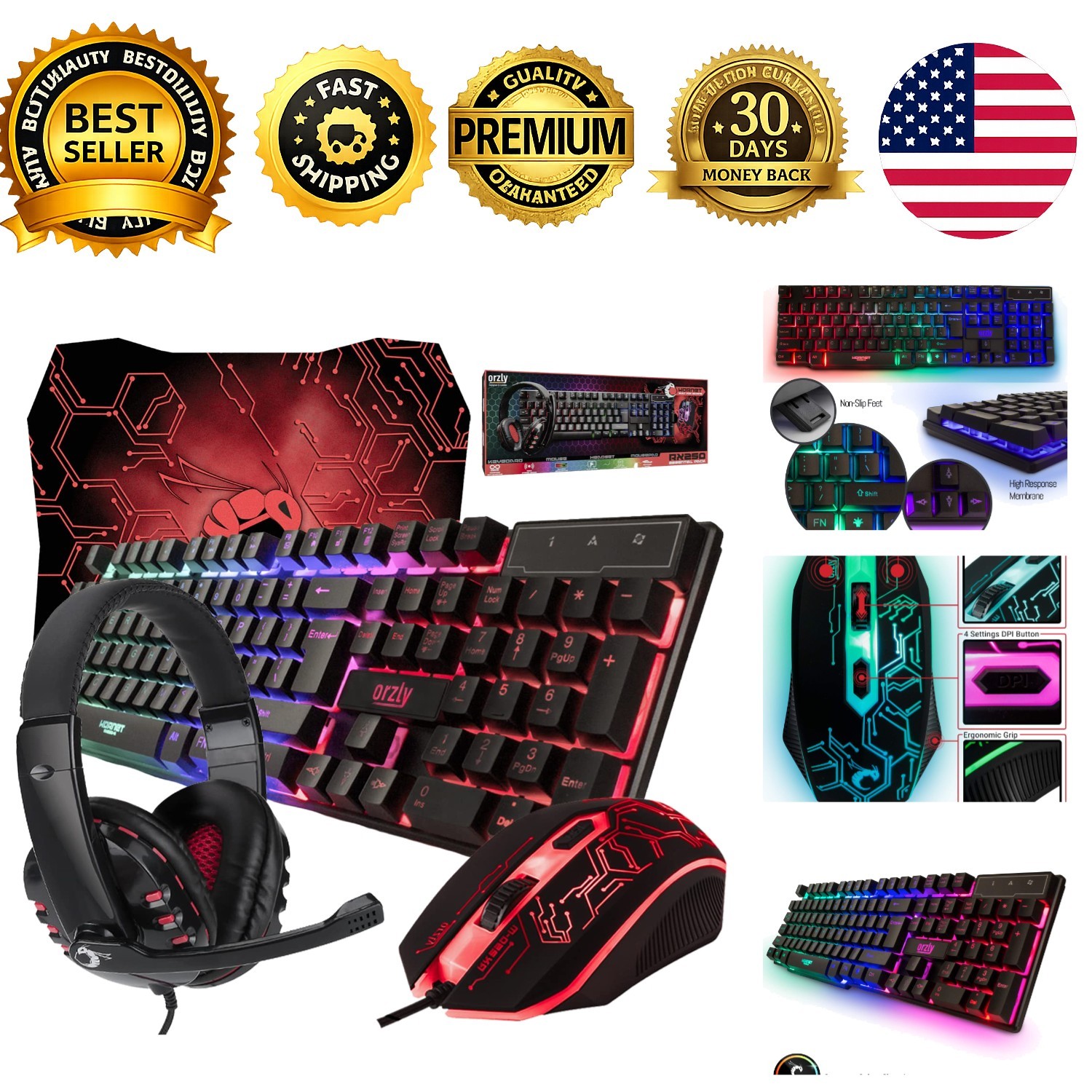 Hornet RX-250 Gaming Bundle Wired RGB Keyboard Mouse Mousepad Headset PC Xbox