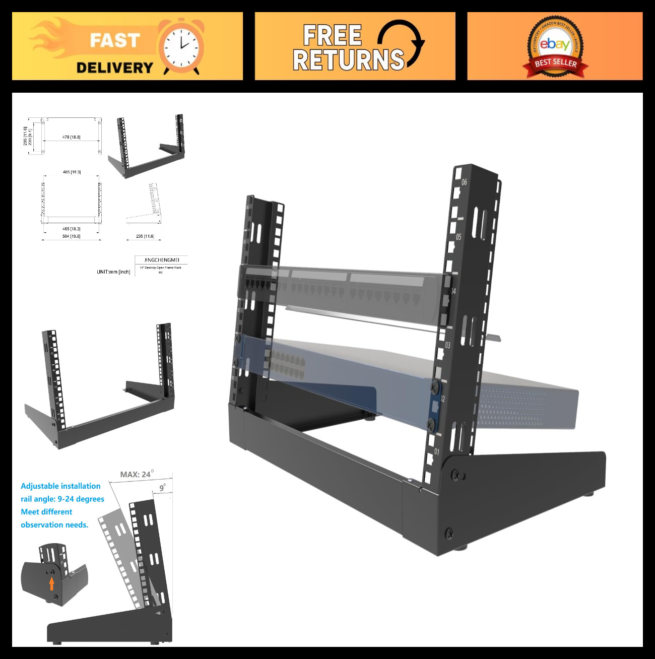 6U Desktop Network Rack 19" Open Frame 2 Post Free-Standing Tabletop Rack for AV