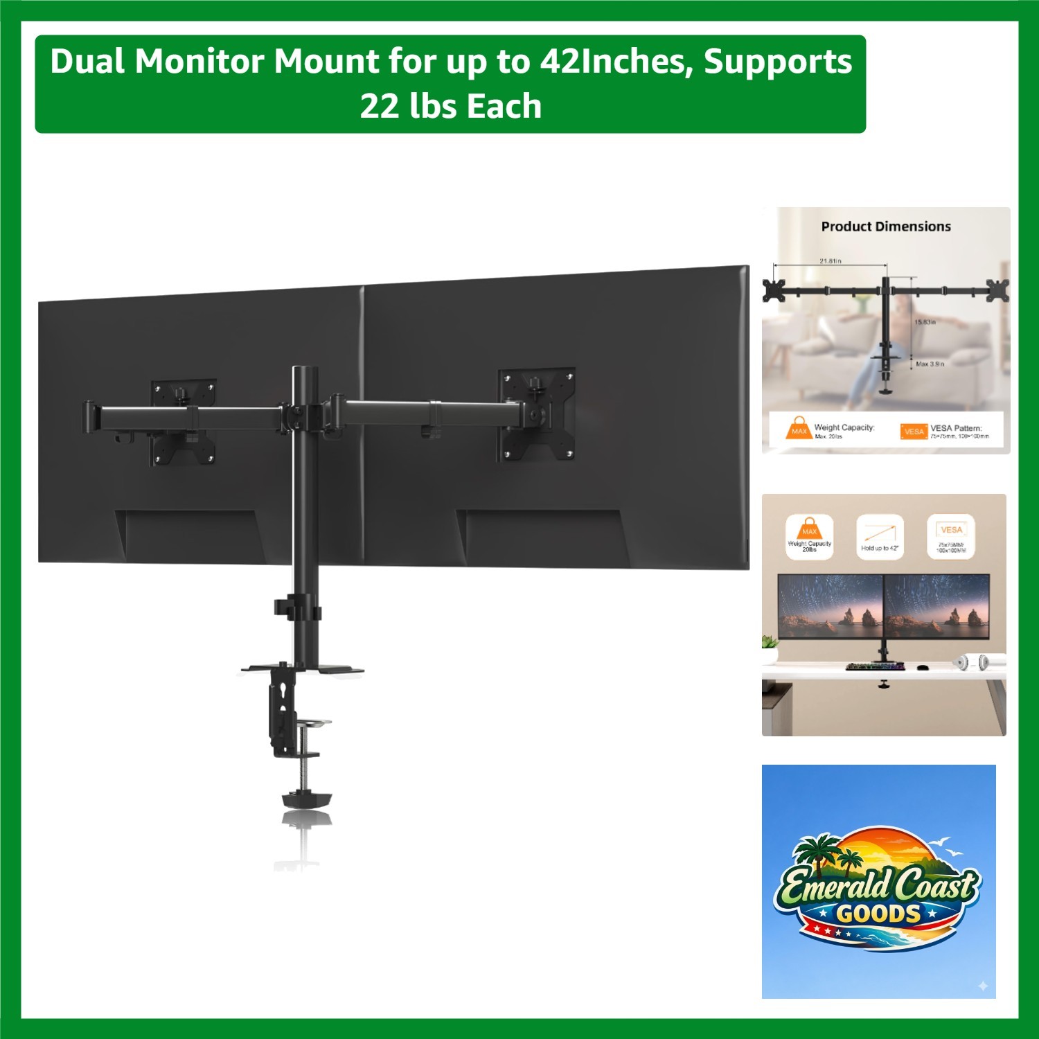 Versatile Dual Monitor Arm with C-Clamp & Grommet Mounting for Maximum Stability