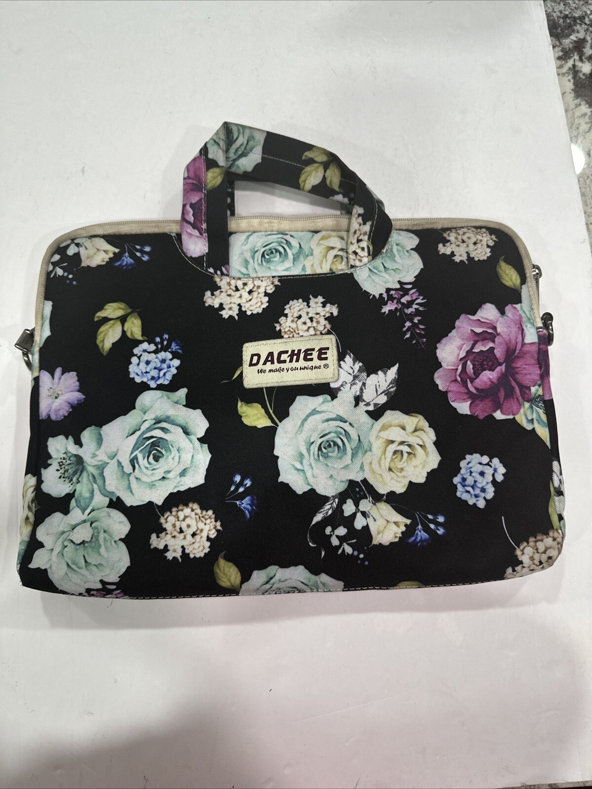 Dachee Laptop Shoulder Messenger Bag Black Peony Pattern