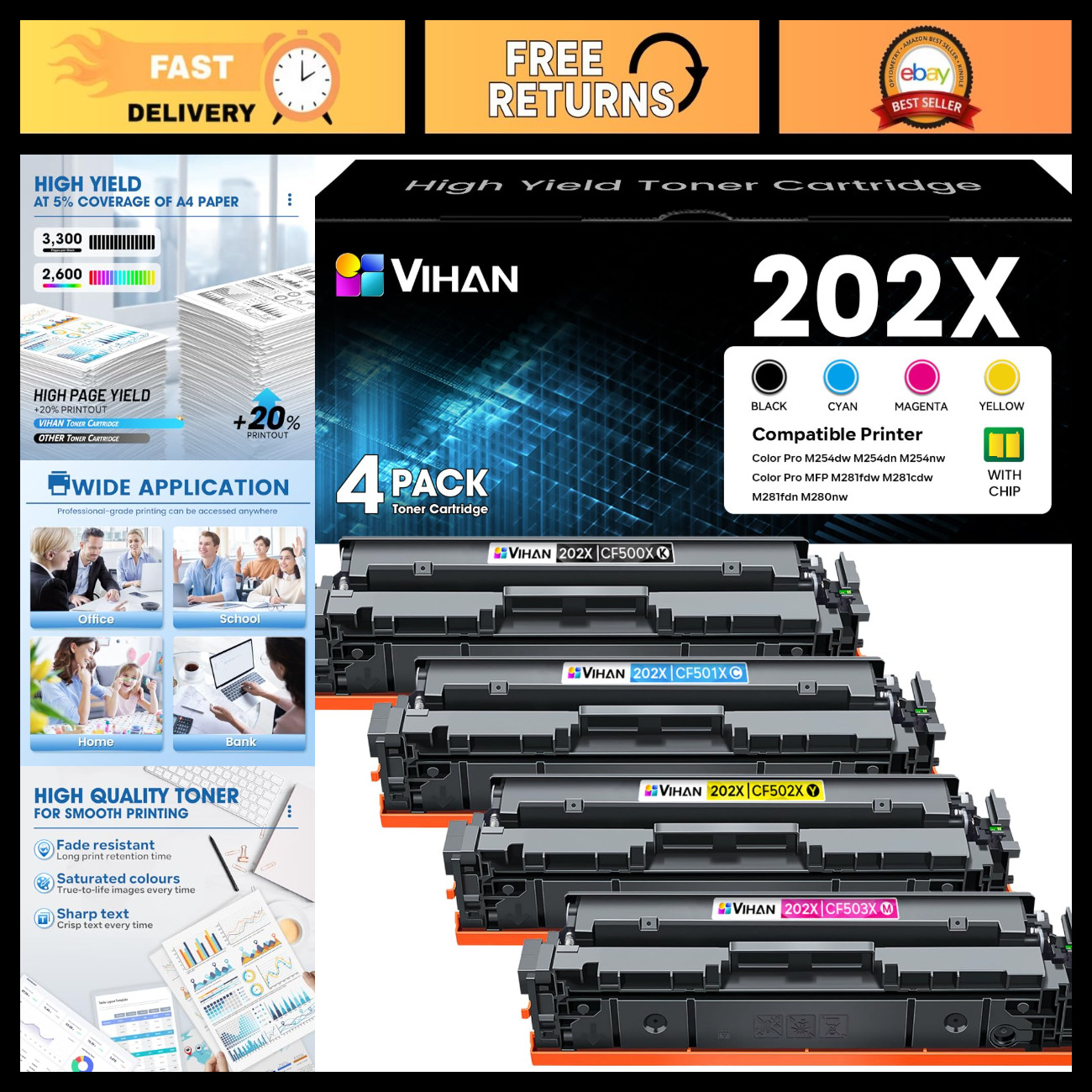 4 Pack Compatible Toner Cartridges for HP 202X - Black, Cyan, Yellow, Magenta