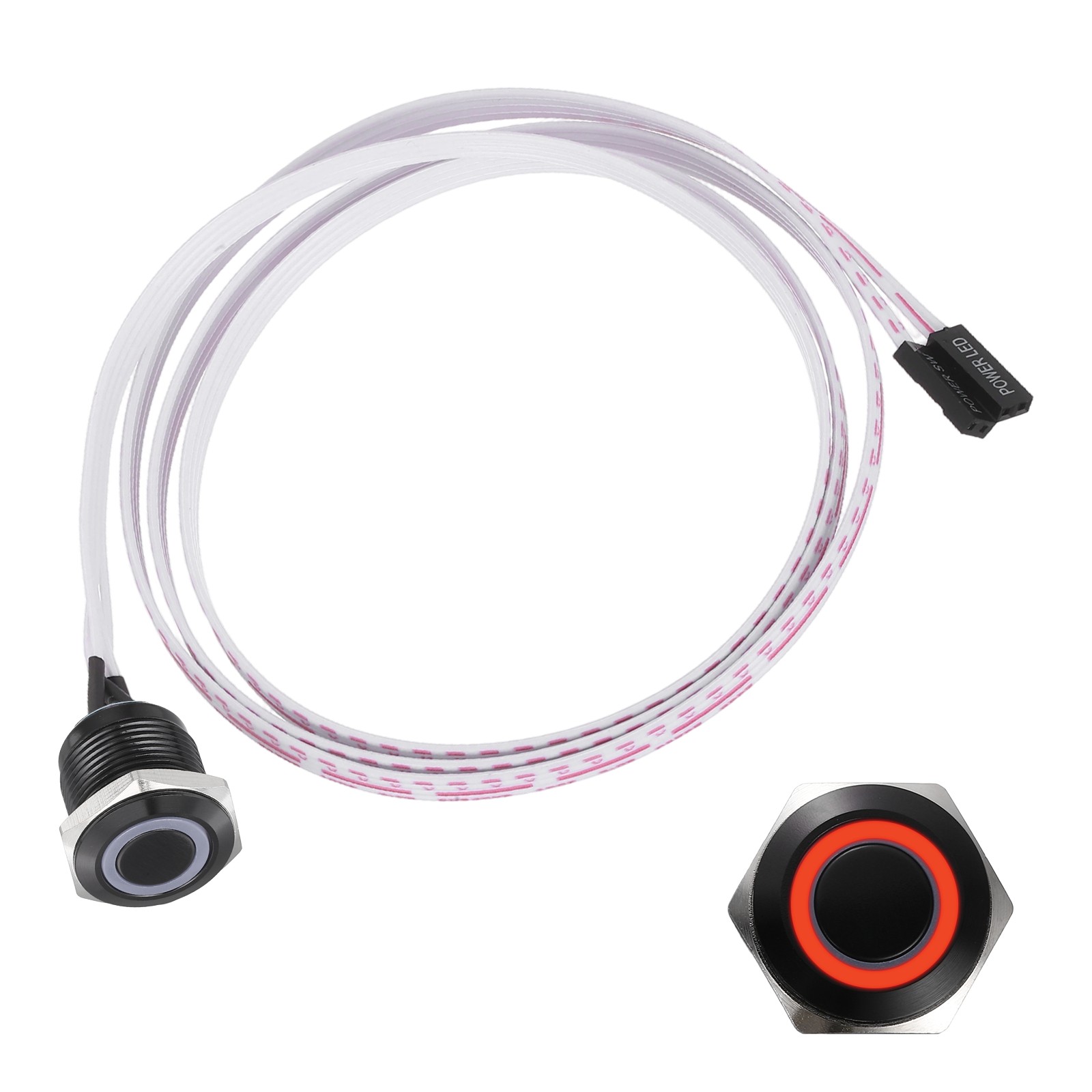 Chassis Metal Button 16mm Ring Red LED Power Button 100cm Wire, Black