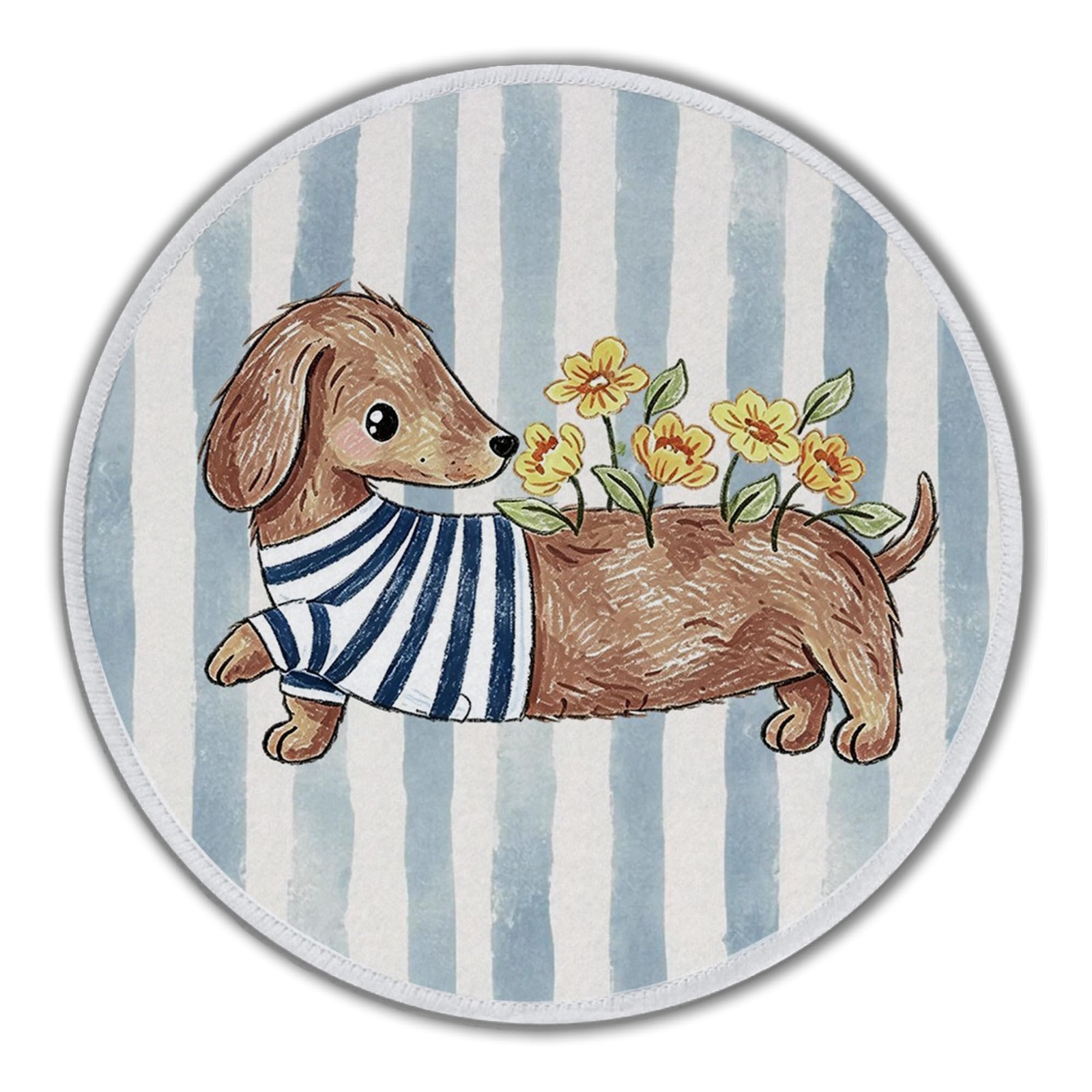 Whimsical Funny Dachshund Dog Floral Blue Striped Round Mouse Pad 8.6x8.6in