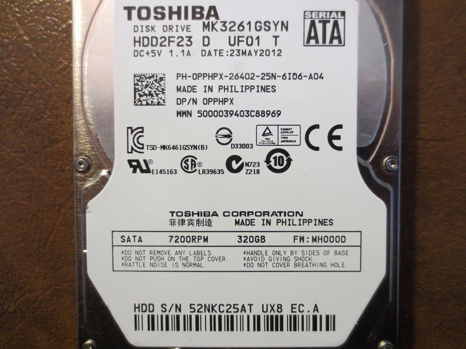 Toshiba MK3261GSYN (HDD2F23 D UF01 T) FW:MH000D 320gb 2.5