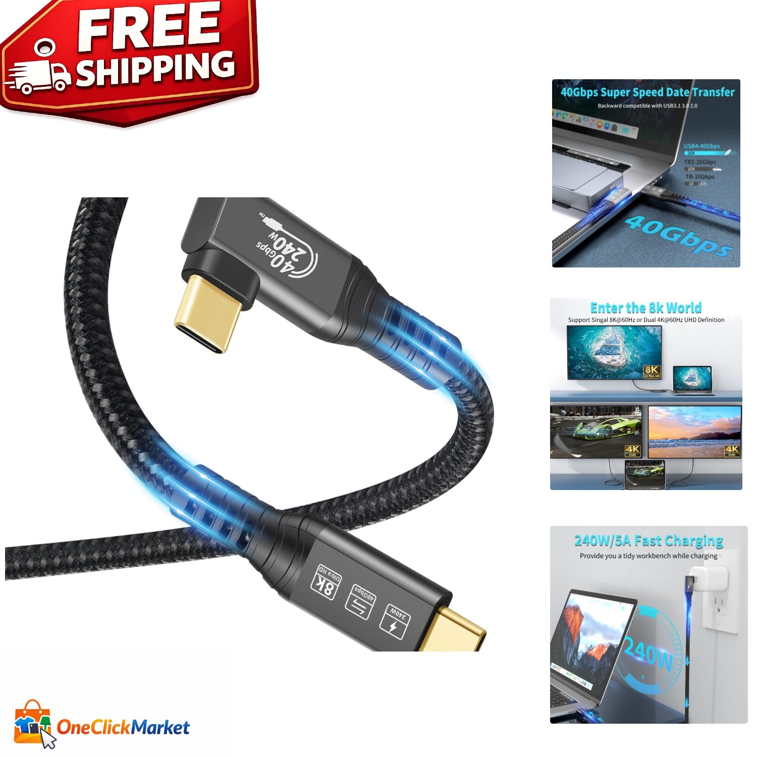 Compact 90-Degree Thunderbolt Cable - Fast Charging & 40 Gbps Data Cable, 0.5M