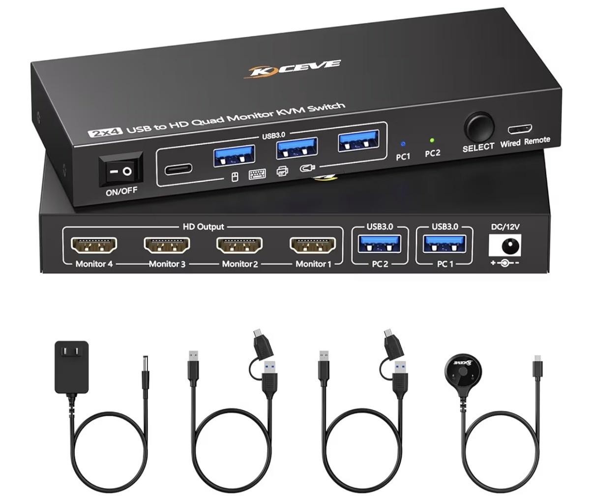 KCEVE 2x4 Quad Monitor KVM Switch USB 3.0 to 4 HDMI Wired Remote Mac/Windows
