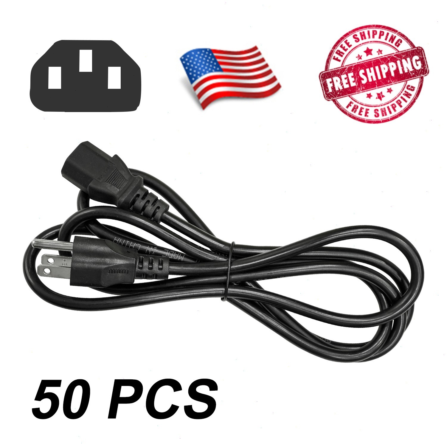 50-LOT NEW AC Power Cord Cable Desktop Monitor Computer 6ft IEC320 18AWG PC