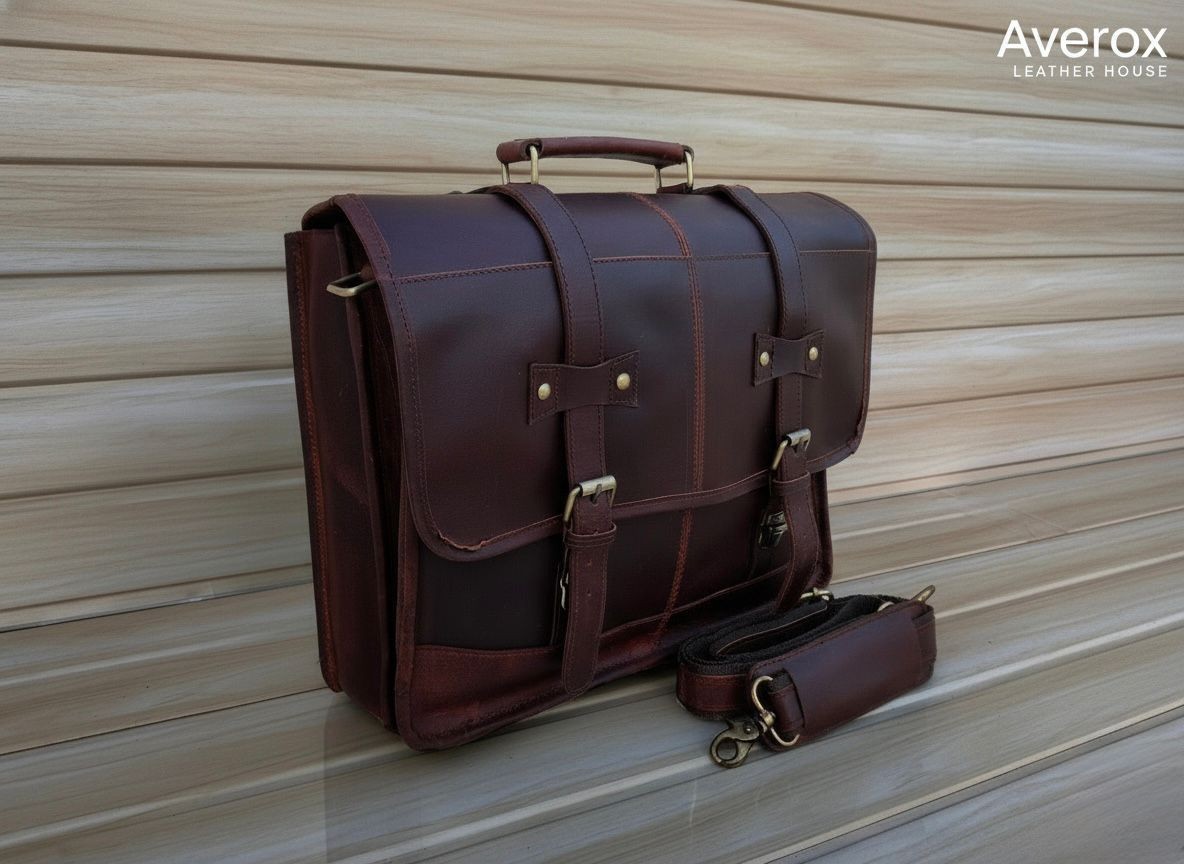 Men's Full Grain Leather Briefcase Laptop Messenger Bag Burgundy Brown Satchel