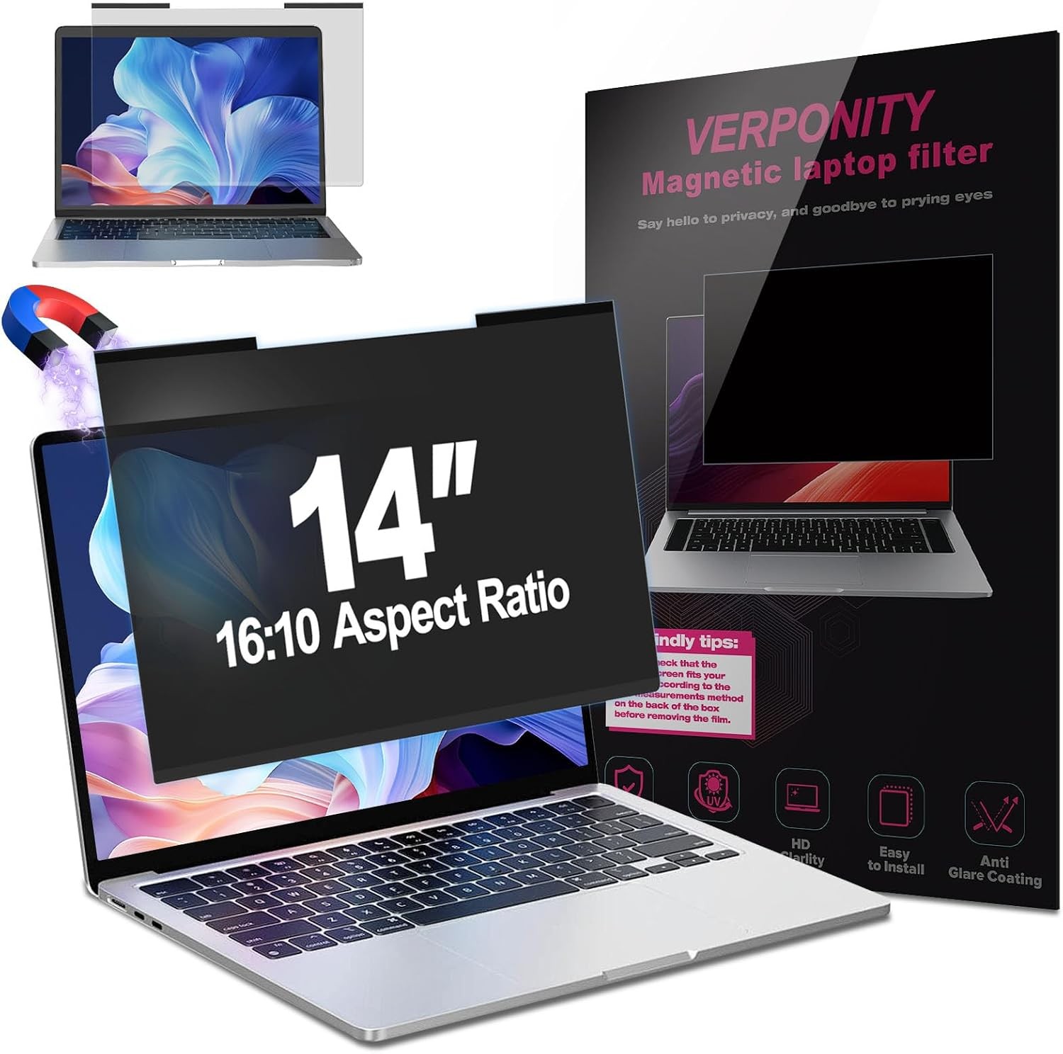 14 Inch Magnetic Privacy Screen for Laptops, Anti-Glare Blue Light Shield, 16:10