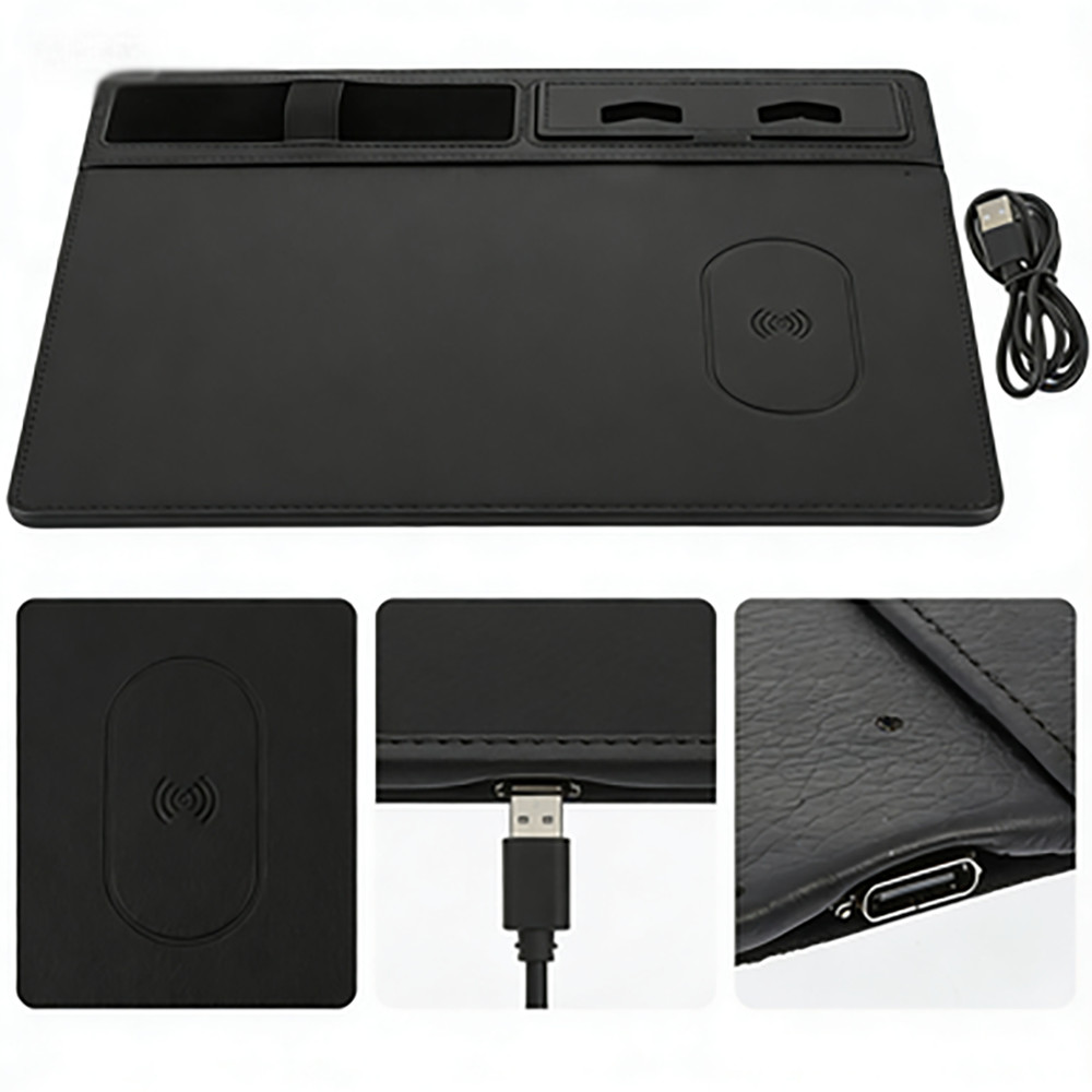 PU Leather Wireless Charging Mouse Pad Desk Mat with Phone Stand and Pen Holder