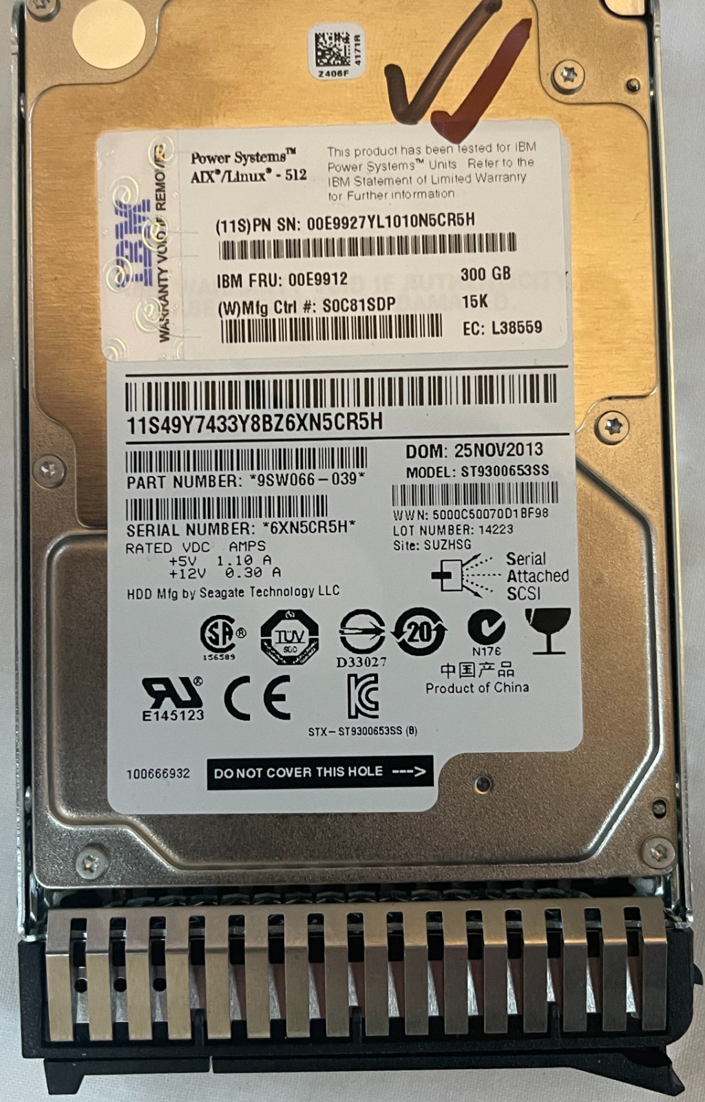 IBM 300GB 15k HDD for Power Systems. AIX/Linux 512, IBM FRU 00E9912. Used/Tested
